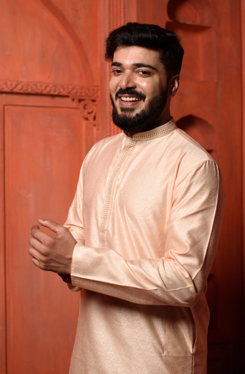 Morganite | Elegance Light Peach Jacquard Men's  | Mandarin Collar Kurta