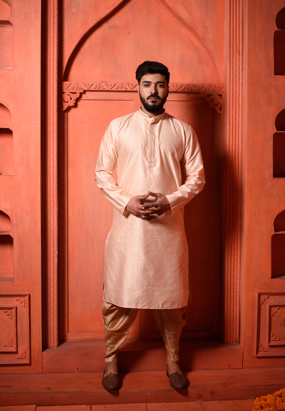 Morganite | Elegance Light Peach Jacquard Men's  | Mandarin Collar Kurta