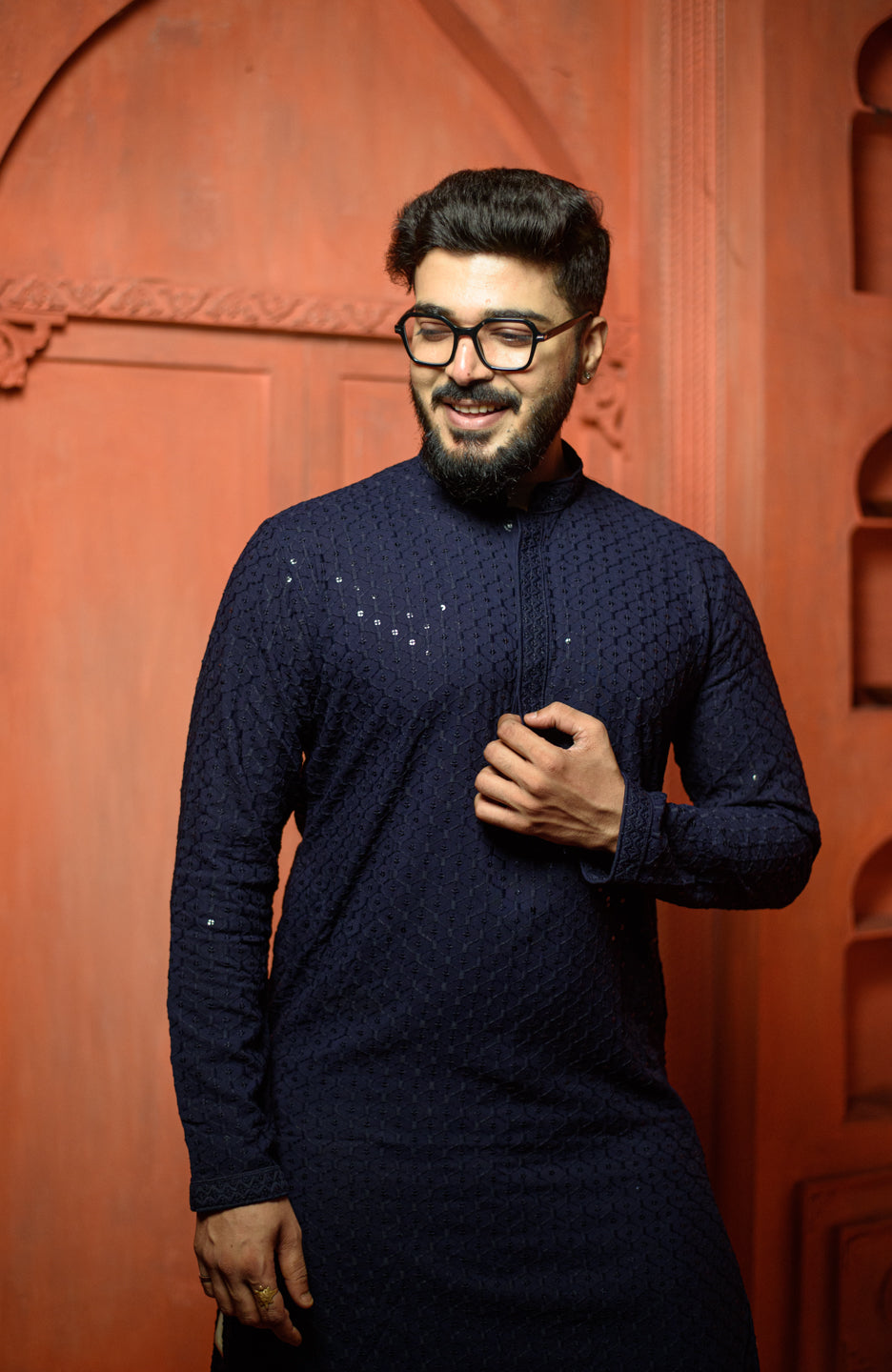 Moon Light | Deep Blue Cotton | Elegance Men's Chikankari with Sequins | Mandarin Collar Kurta