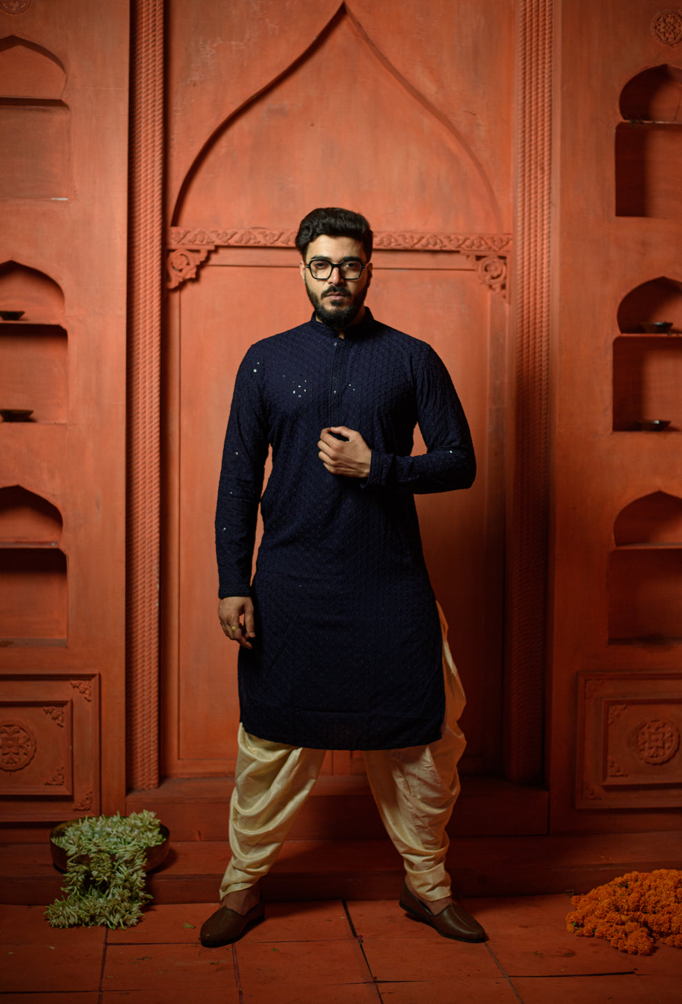 Moon Light | Deep Blue Cotton | Elegance Men's Chikankari with Sequins | Mandarin Collar Kurta