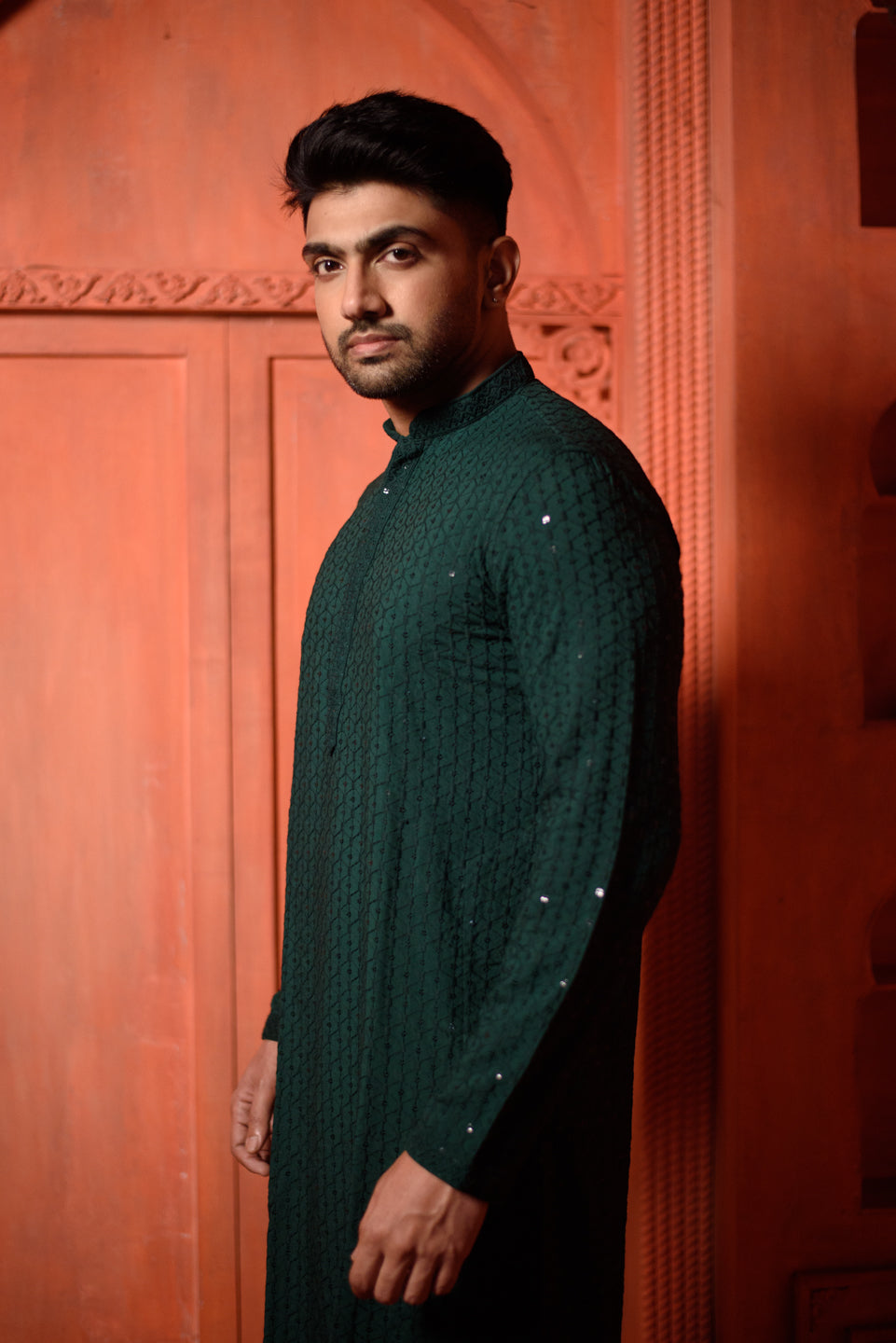 Beta Librae | Deep Green Cotton | Elegance Men's Chikankari with Sequins | Mandarin Collar Kurta