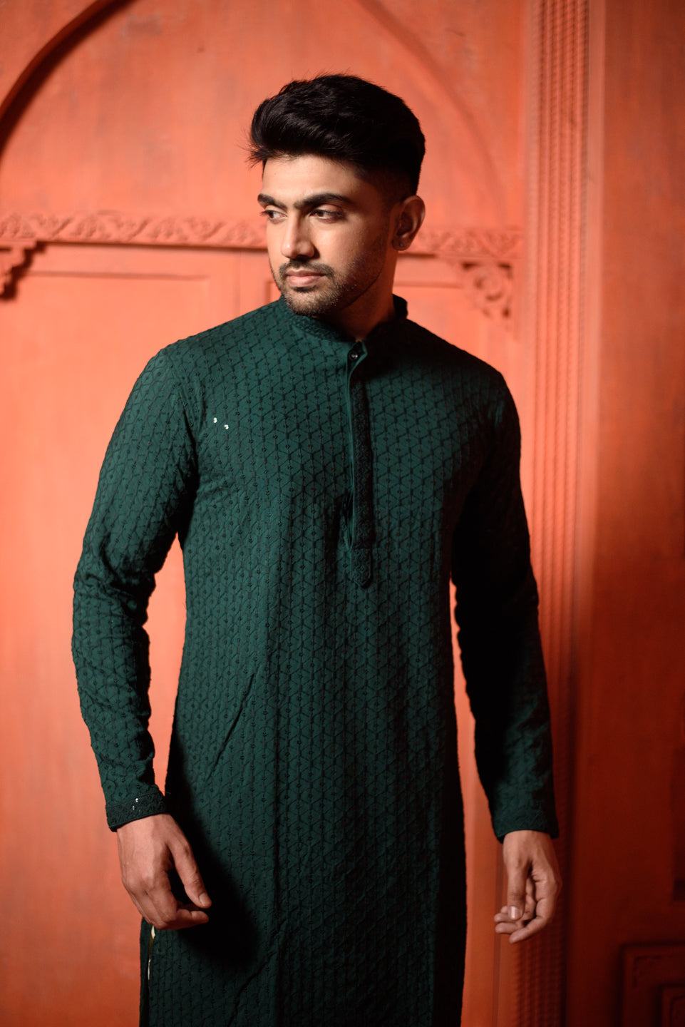 Beta Librae | Deep Green Cotton | Elegance Men's Chikankari with Sequins | Mandarin Collar Kurta