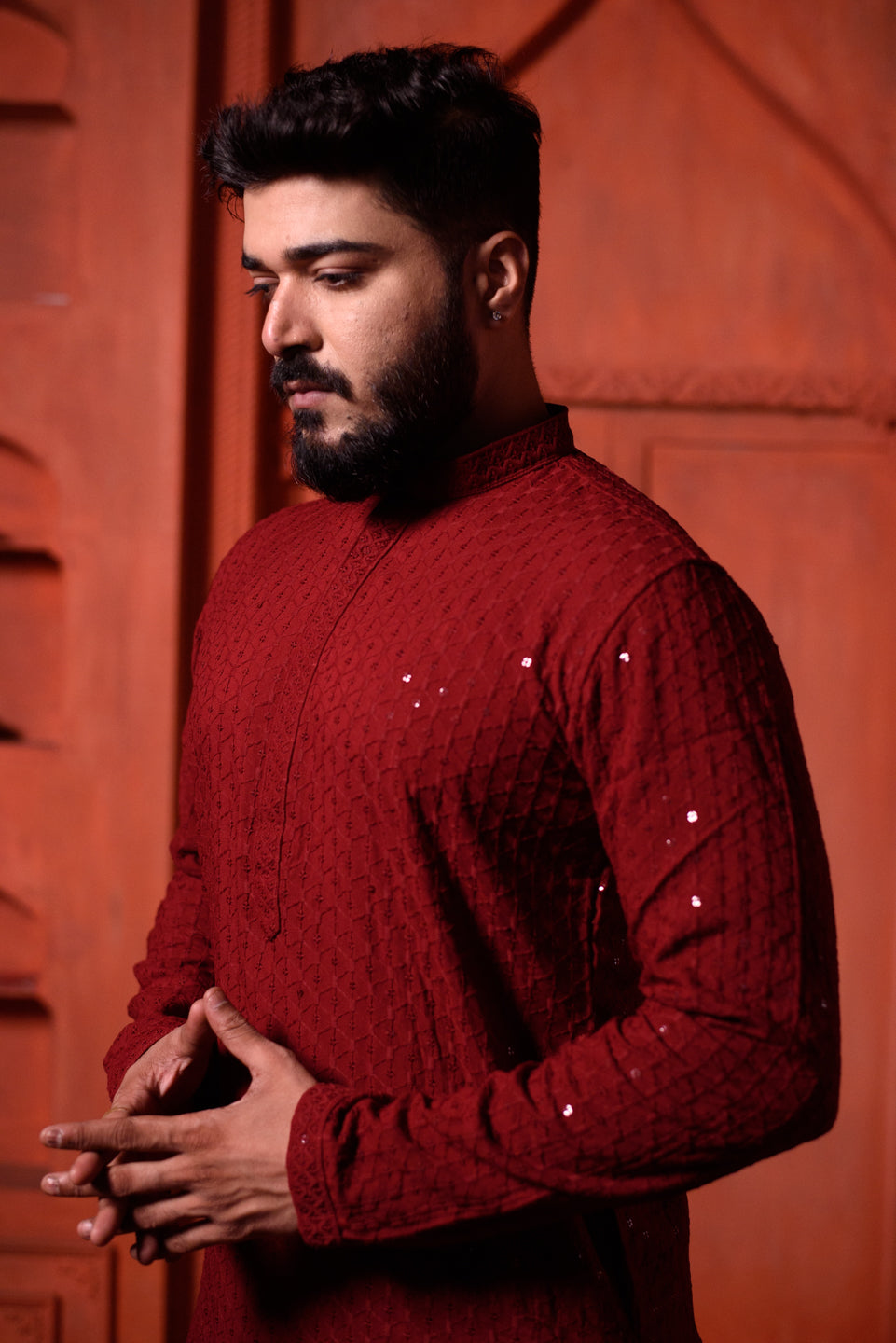 Red Shooting Star | Maroon Cotton | Elegance Men's Chikankari with Sequins | Mandarin Collar Kurta