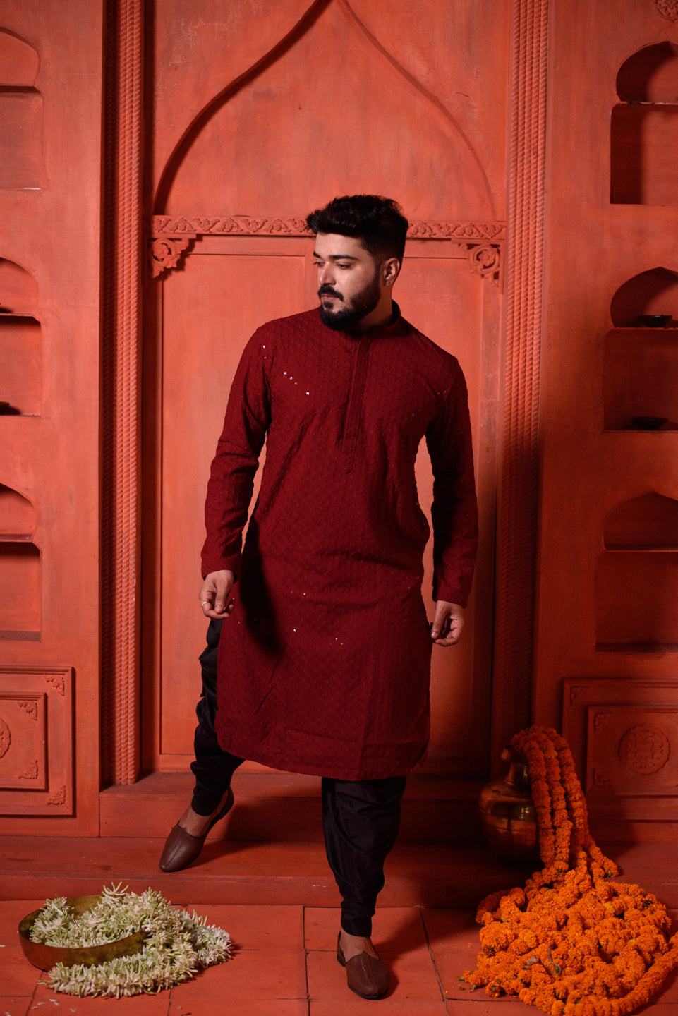 Red Shooting Star | Maroon Cotton | Elegance Men's Chikankari with Sequins | Mandarin Collar Kurta