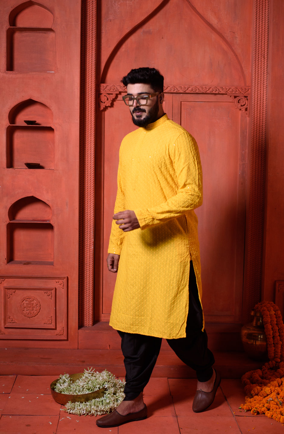 Sun Shine | Yellow Cotton | Elegance Men's Chikankari with Sequins | Mandarin Collar Kurta