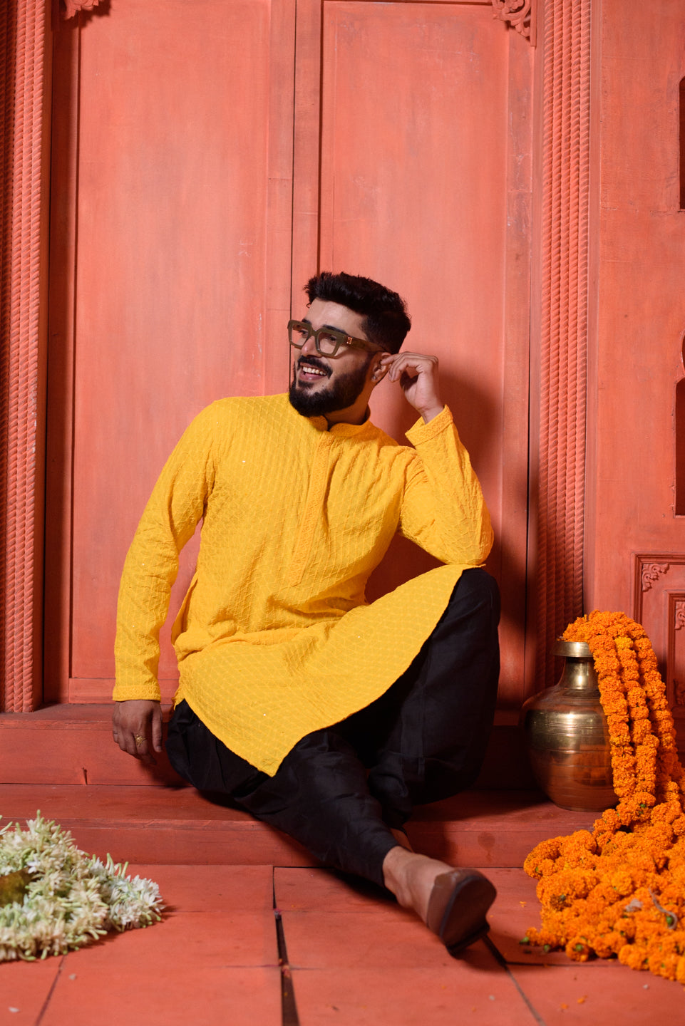 Sun Shine | Yellow Cotton | Elegance Men's Chikankari with Sequins | Mandarin Collar Kurta