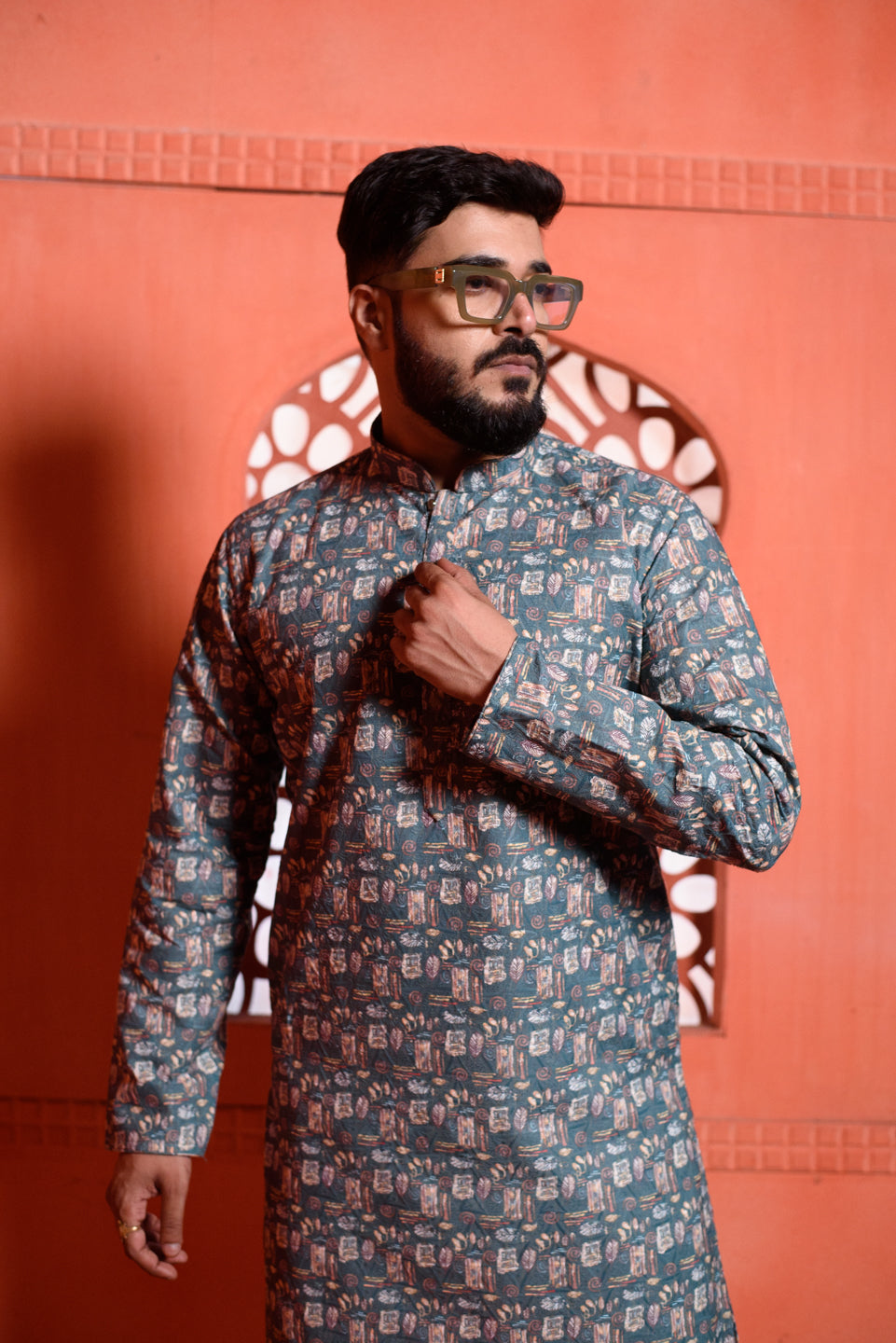 Verdant | Traditional Deep Green Color Cotton Men's  | Mandarin Collar Kurta