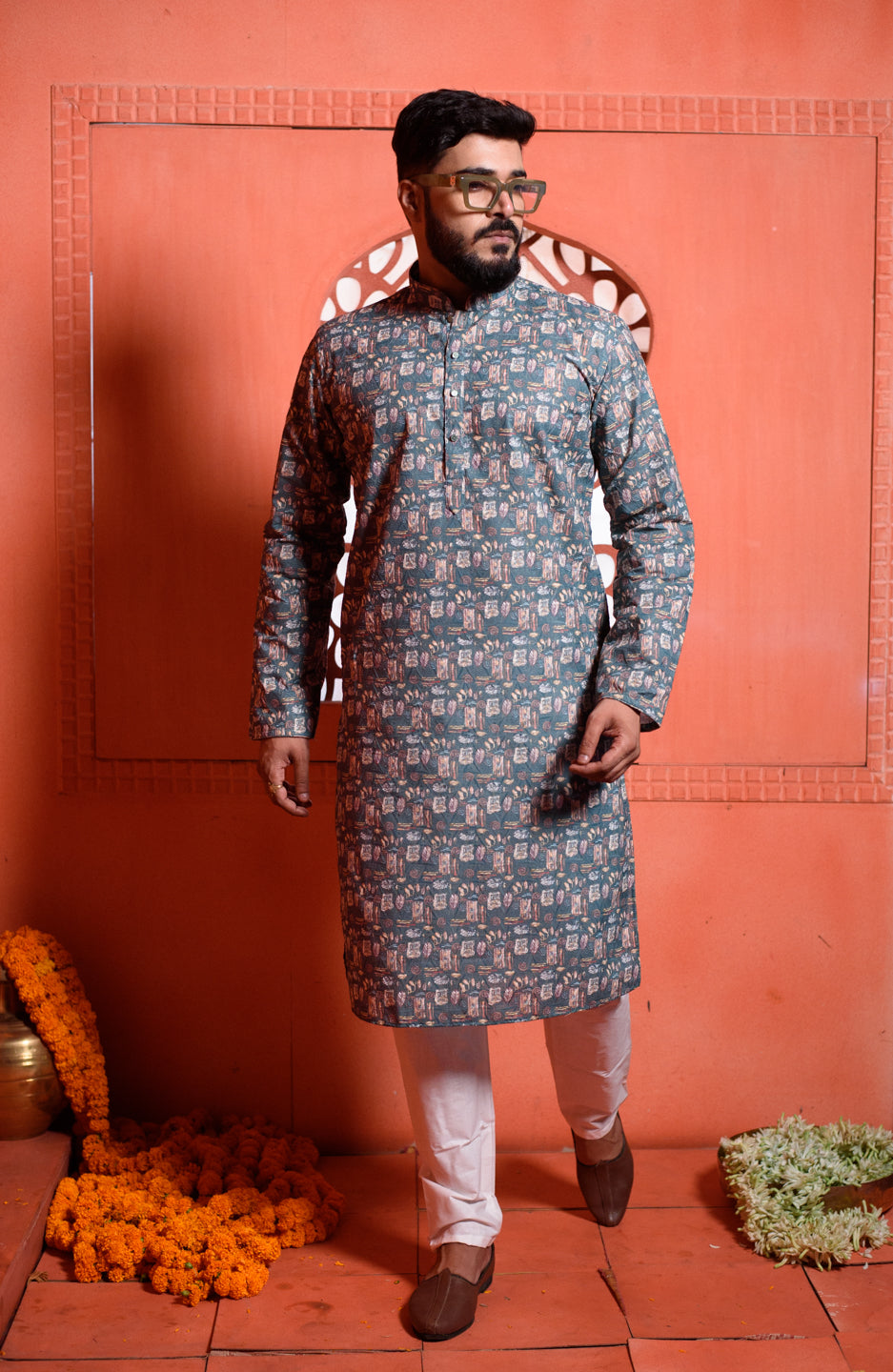 Printed Chikankari Stitch Work | Mandarin Collar |Men's Traditional Kurta Pajama Set