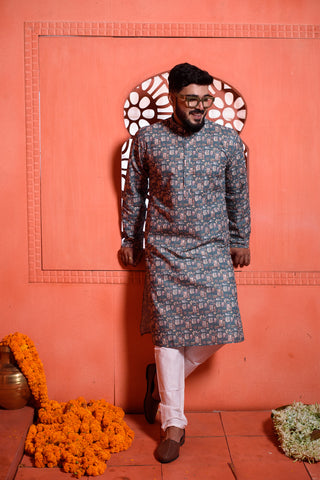 Printed Chikankari Stitch Work | Mandarin Collar |Men's Traditional Kurta Pajama Set