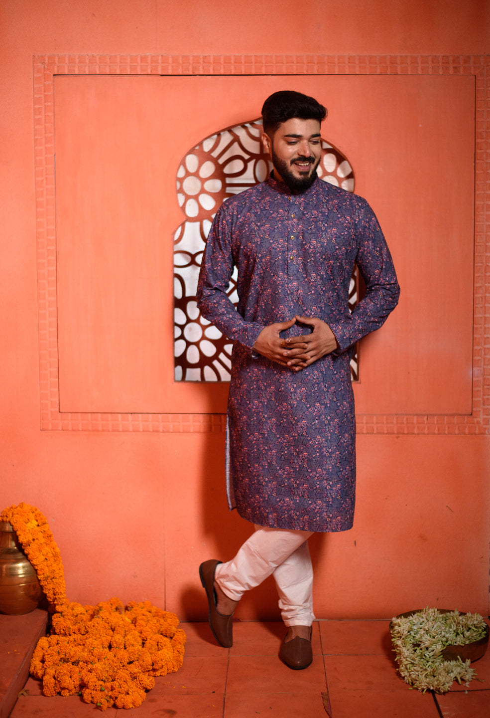 Aqualite | Traditional Navy Blue Color Cotton Men's  | Mandarin Collar Kurta