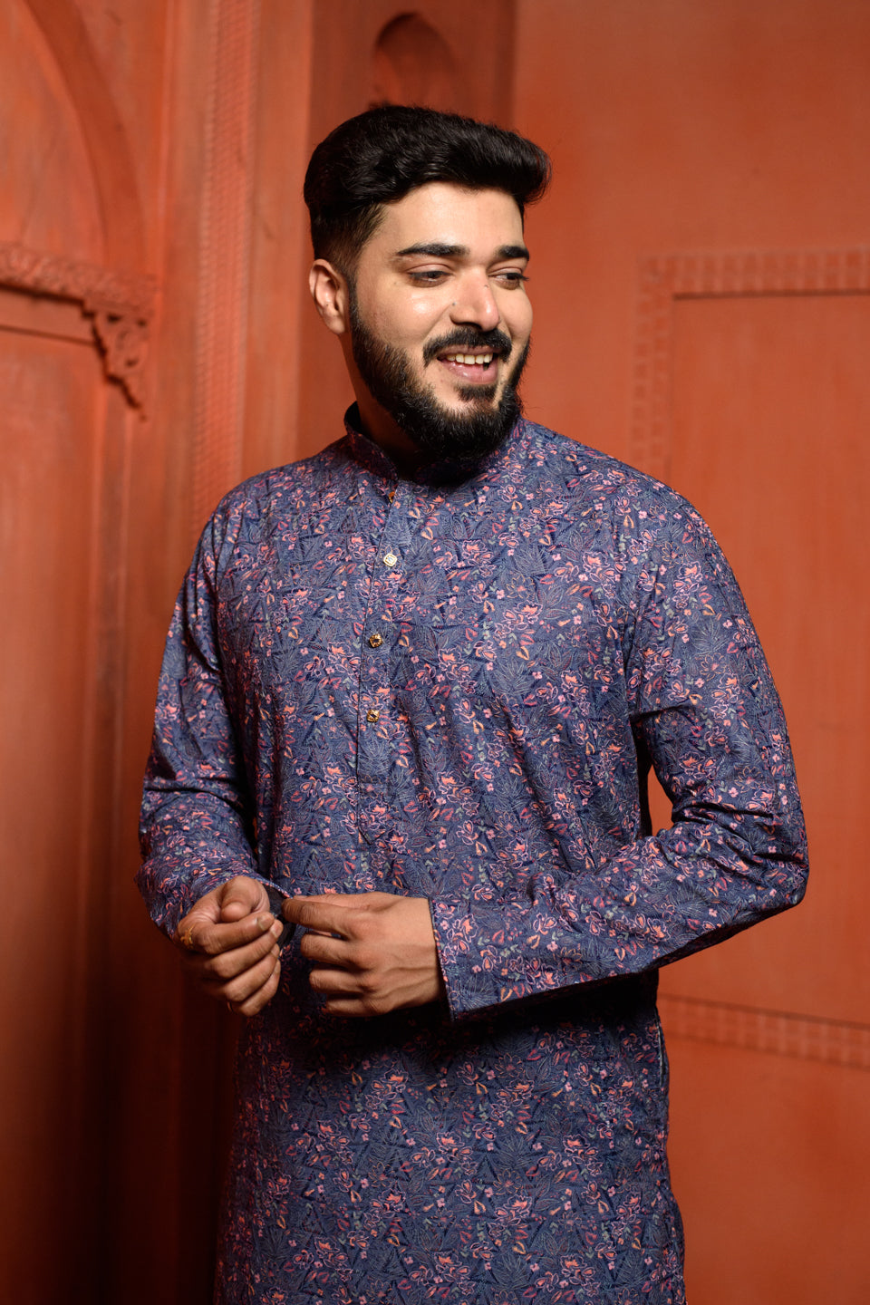 Aqualite | Traditional Navy Blue Color Cotton Men's  | Mandarin Collar Kurta