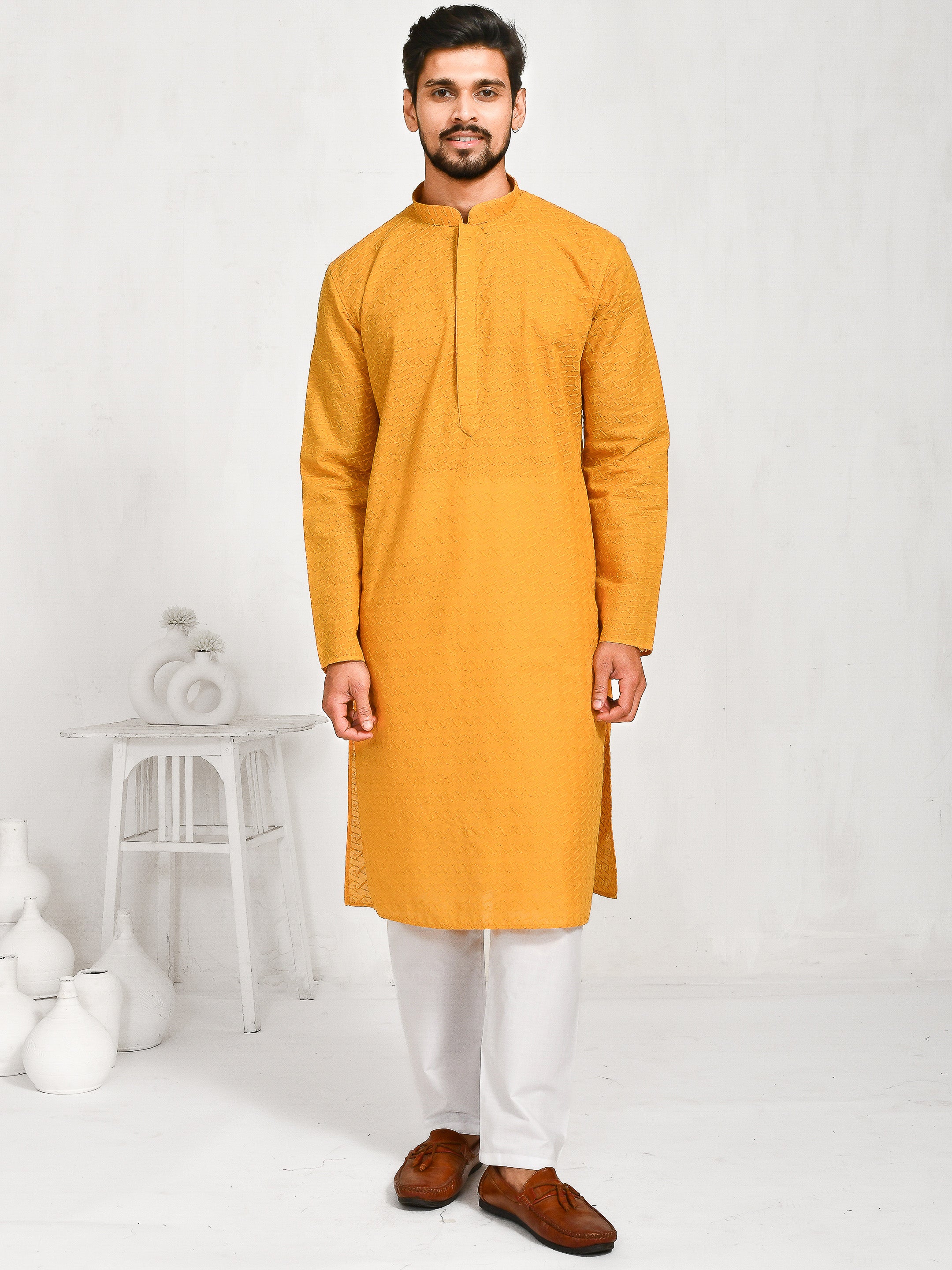 Sunny Sider | Yellow Cotton | Elegance Men's Chikankari | Mandarin Collar Kurta