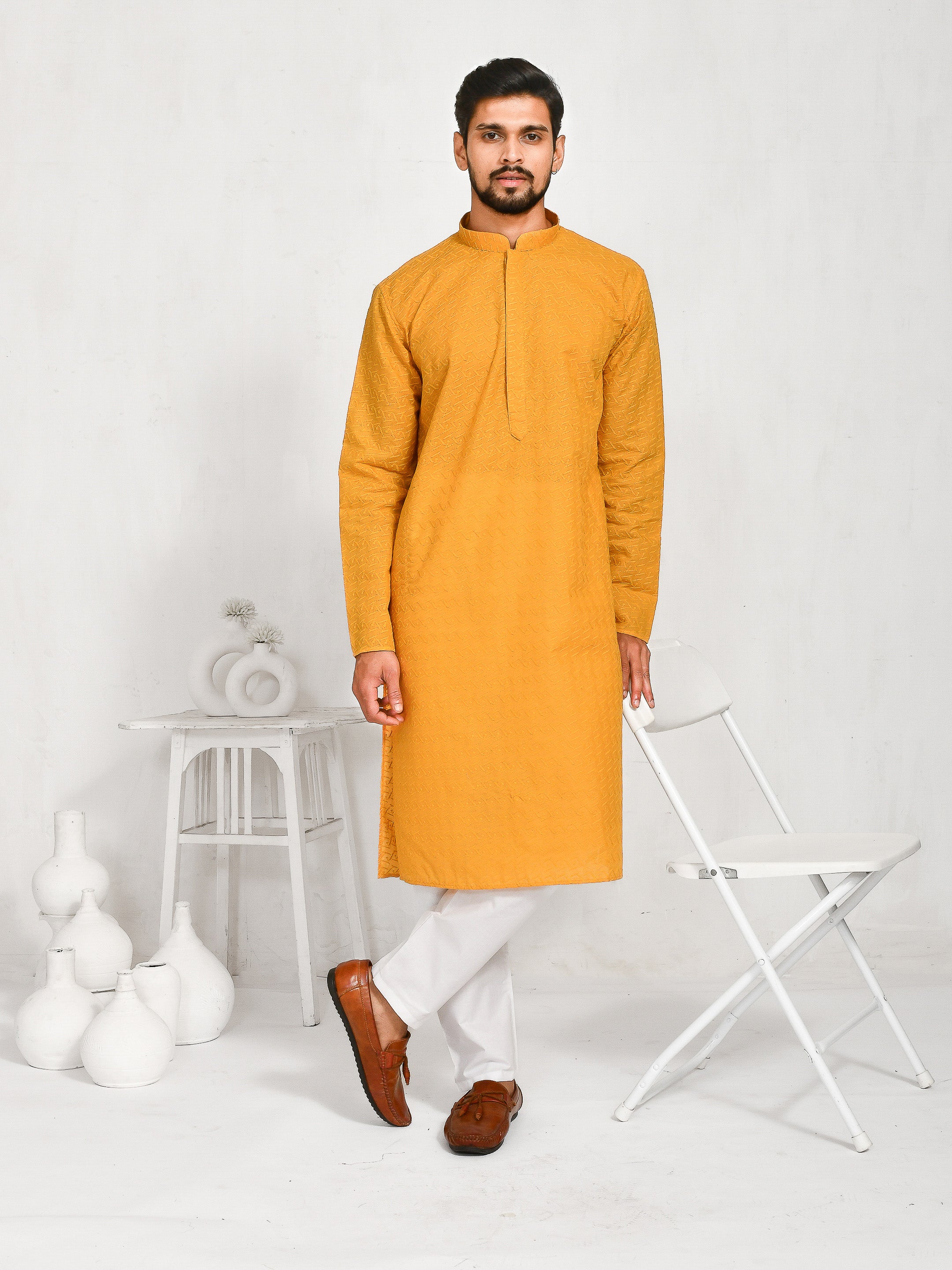 Sunny Sider | Yellow Cotton | Elegance Men's Chikankari | Mandarin Collar Kurta