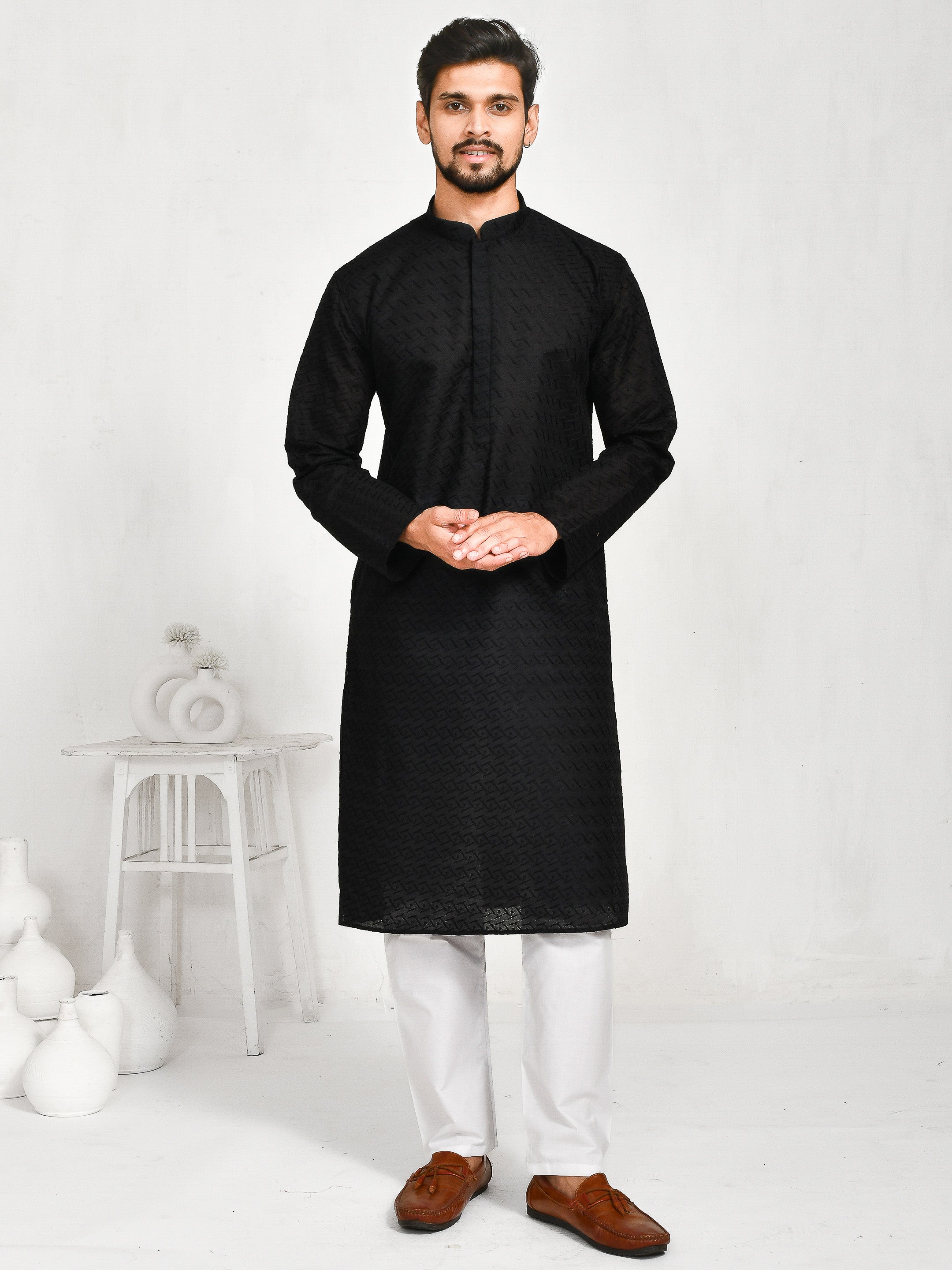 Blacksmith | Black Cotton | Elegance Men's Chikankari | Mandarin Collar Kurta