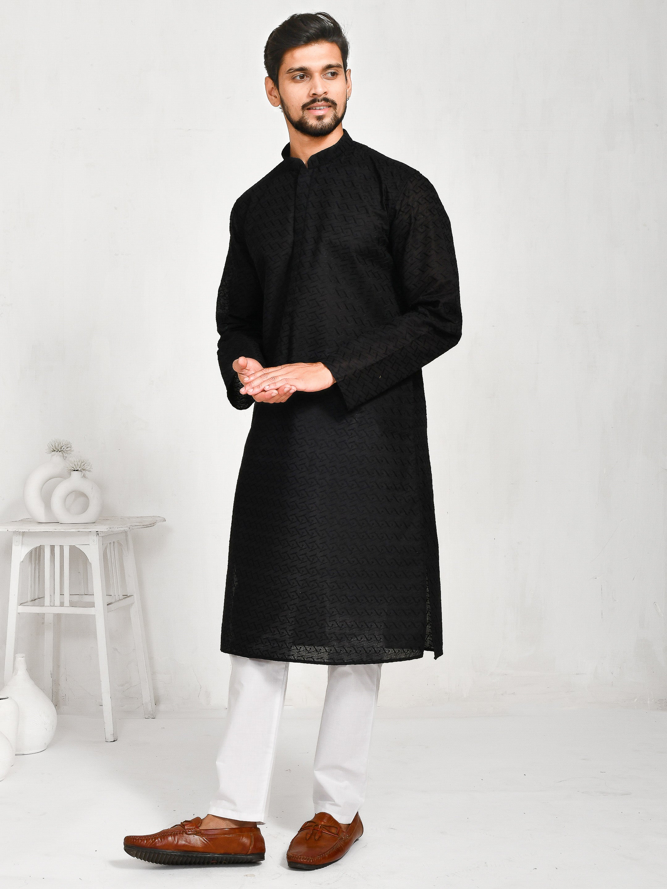 Blacksmith | Black Cotton | Elegance Men's Chikankari | Mandarin Collar Kurta