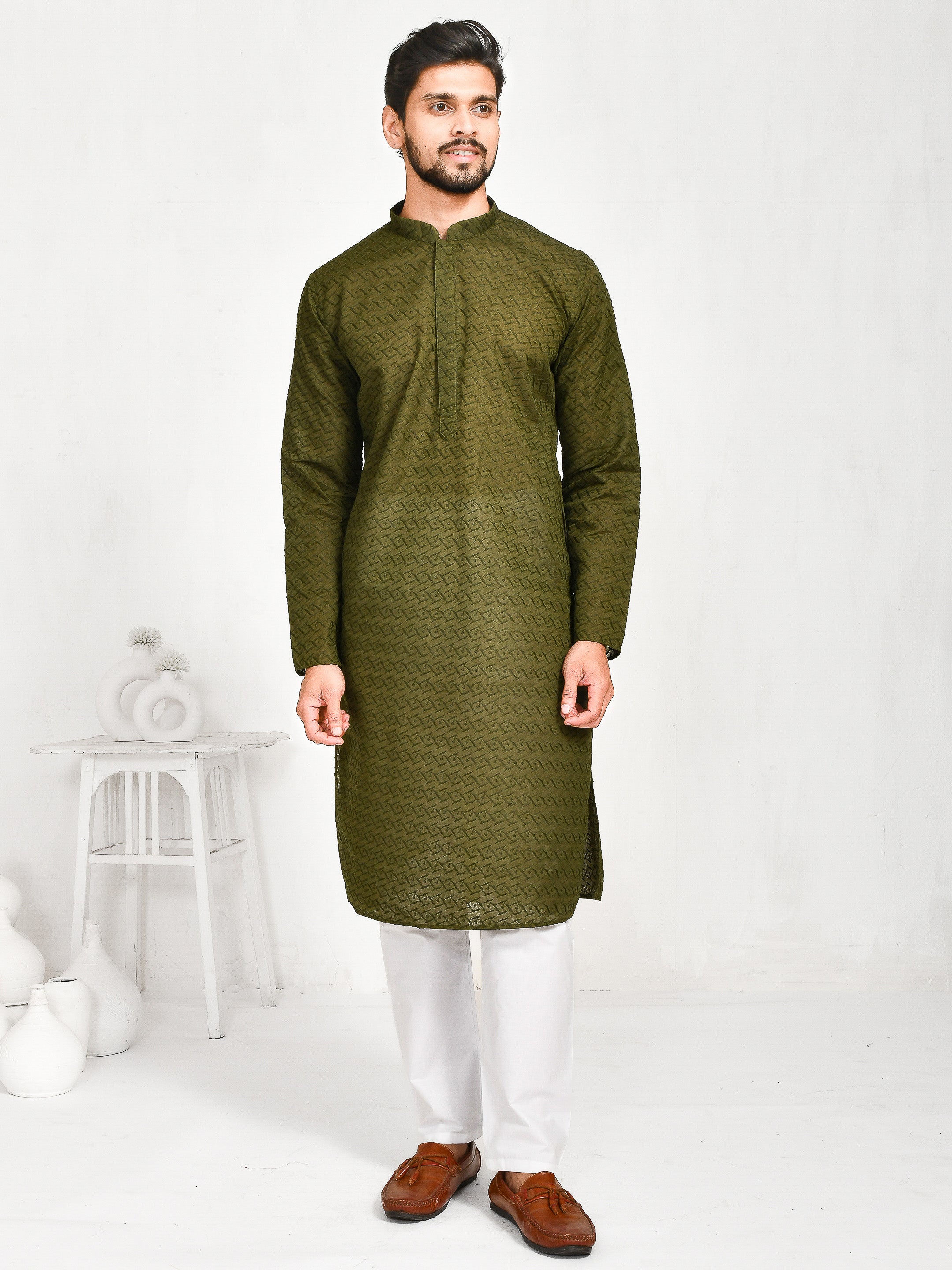 Hara Rang  | Bottle Green Cotton | Elegance Men's Chikankari | Mandarin Collar Kurta