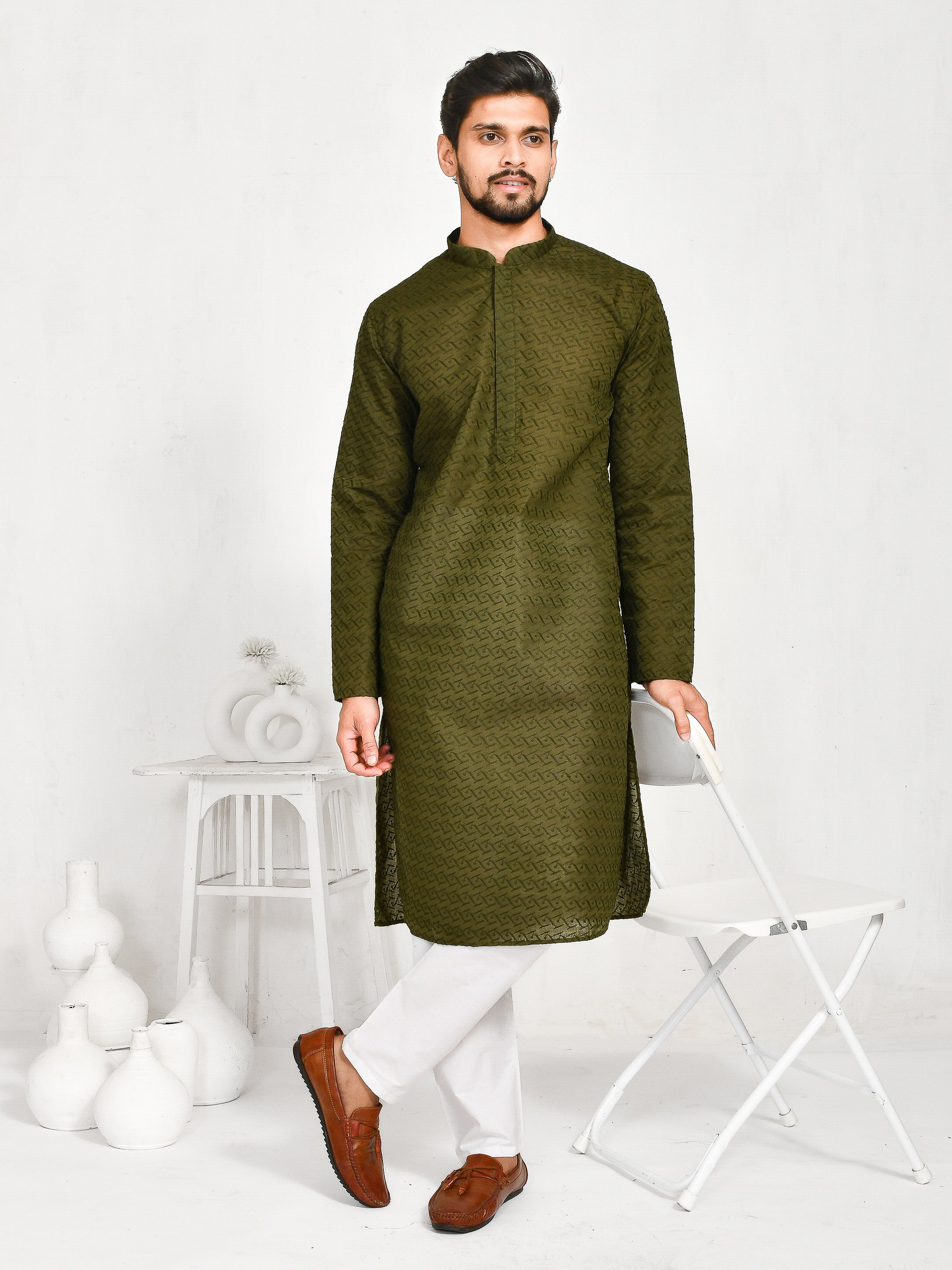 Hara Rang  | Bottle Green Cotton | Elegance Men's Chikankari | Mandarin Collar Kurta