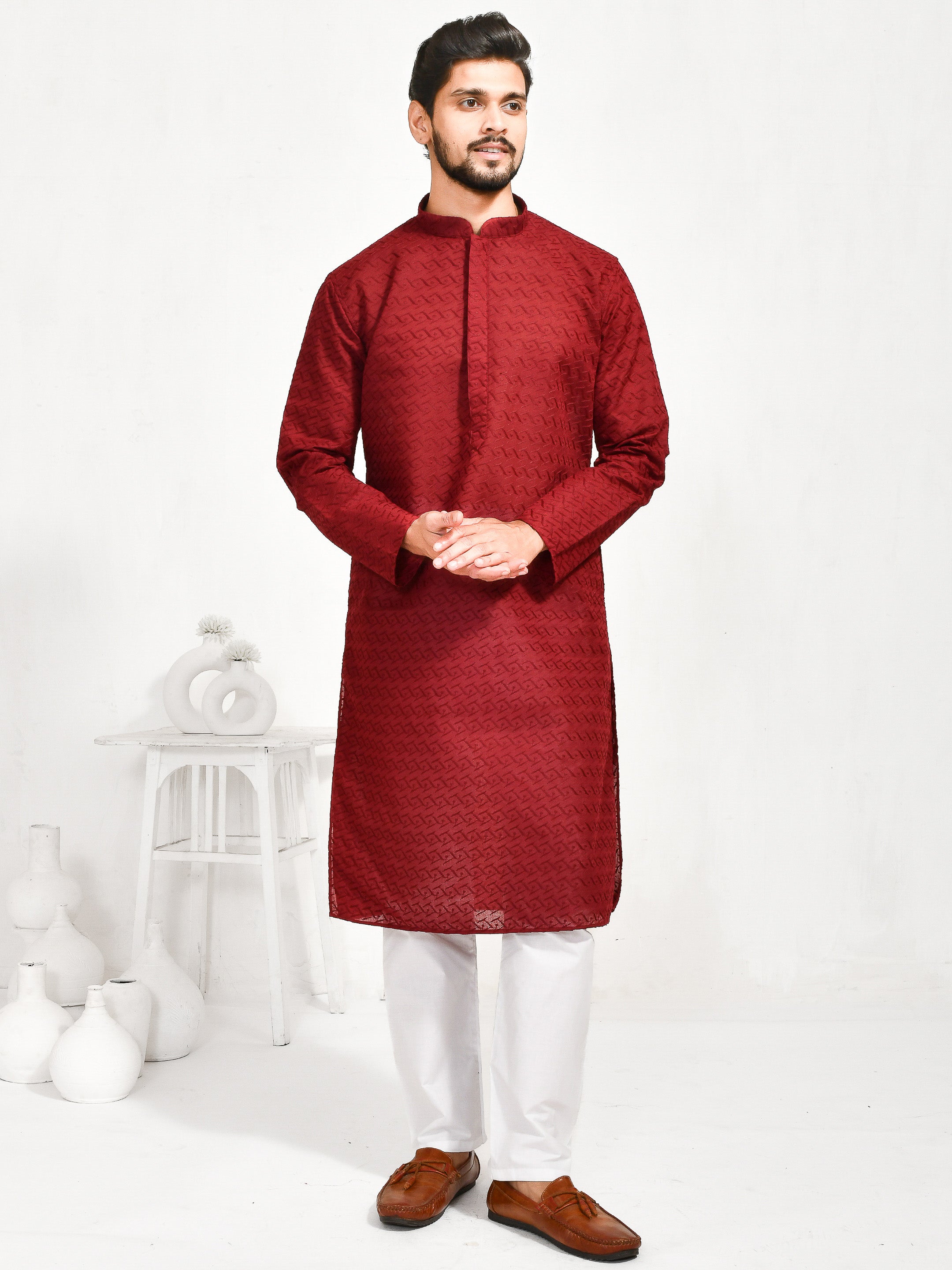 Red Wine | Maroon Cotton | Elegance Men's Chikankari | Mandarin Collar Kurta