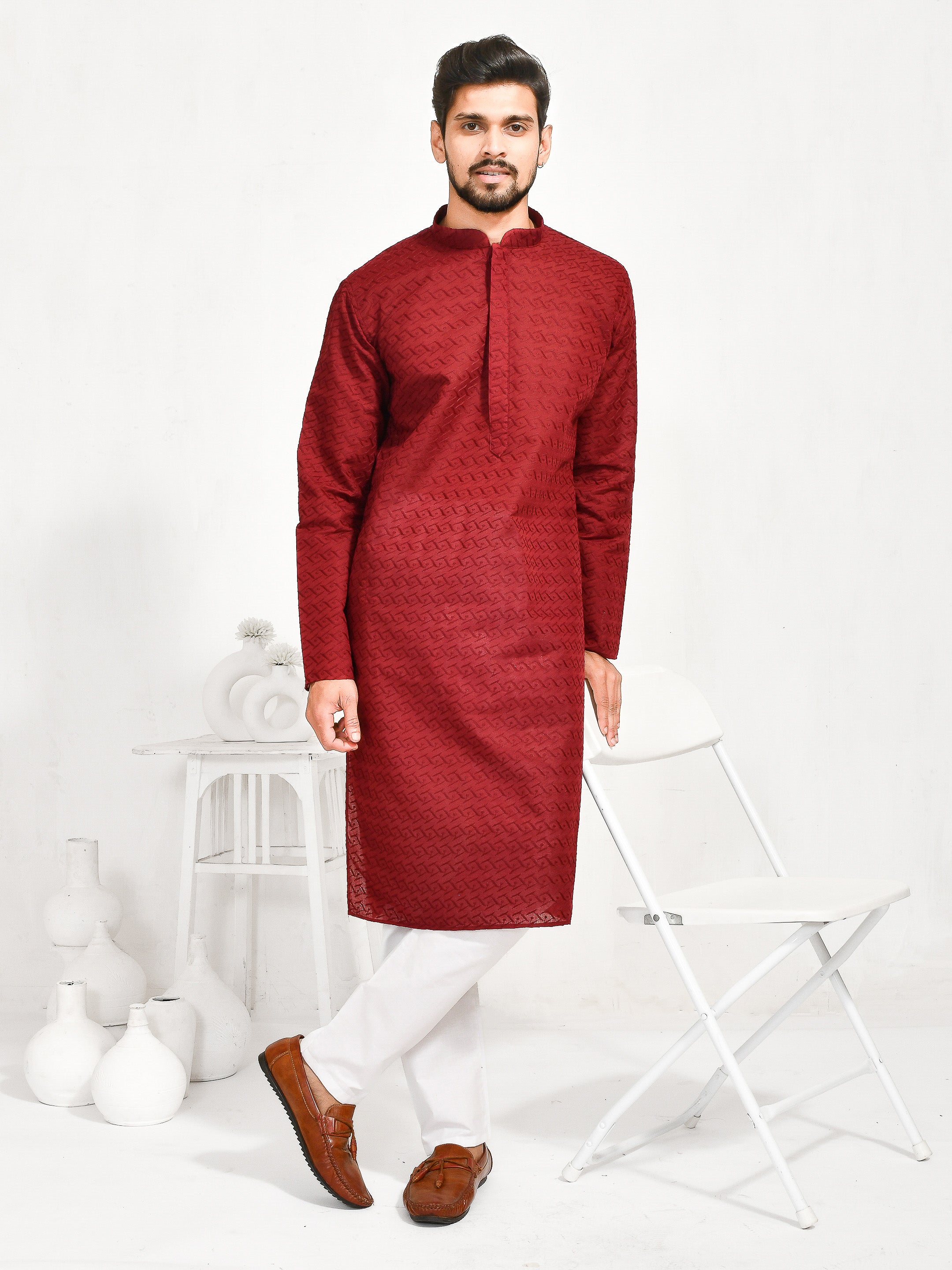 Red Wine | Maroon Cotton | Elegance Men's Chikankari | Mandarin Collar Kurta