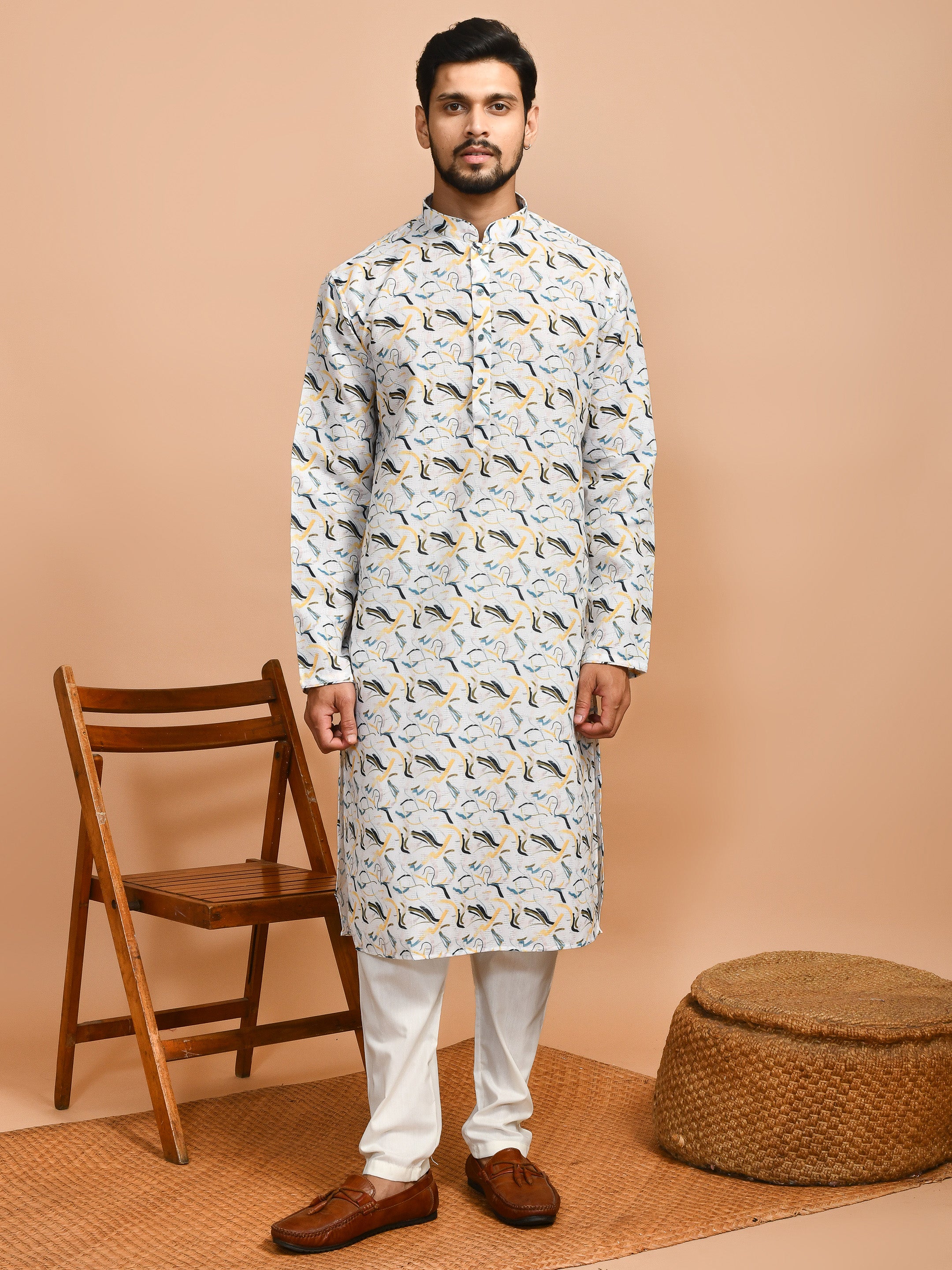 Milky White | White Cotton | Elegance Men's Chikankari | Mandarin Collar Kurta