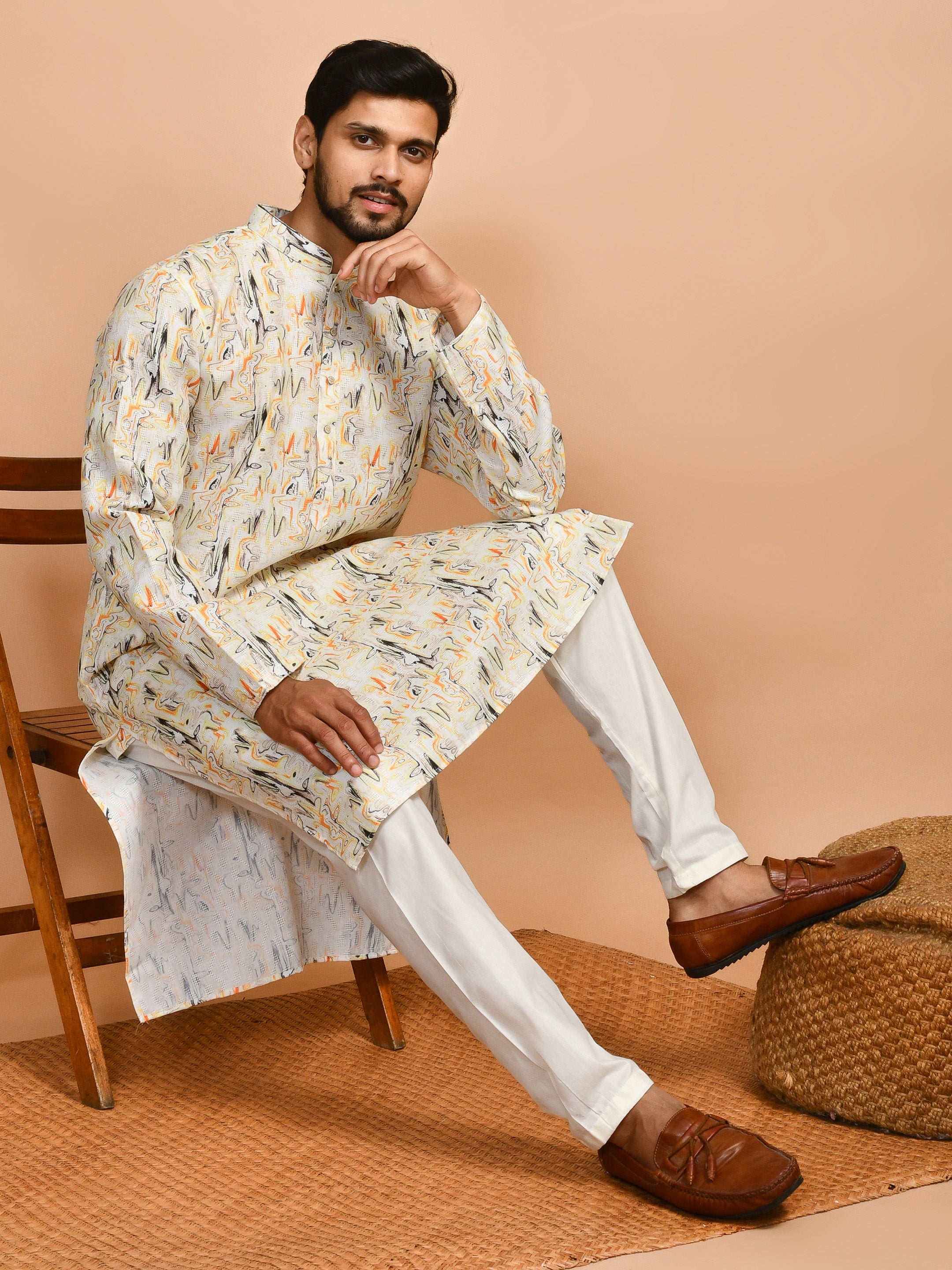 Sunshine | Yellow Cotton | Elegance Men's Chikankari | Mandarin Collar Kurta