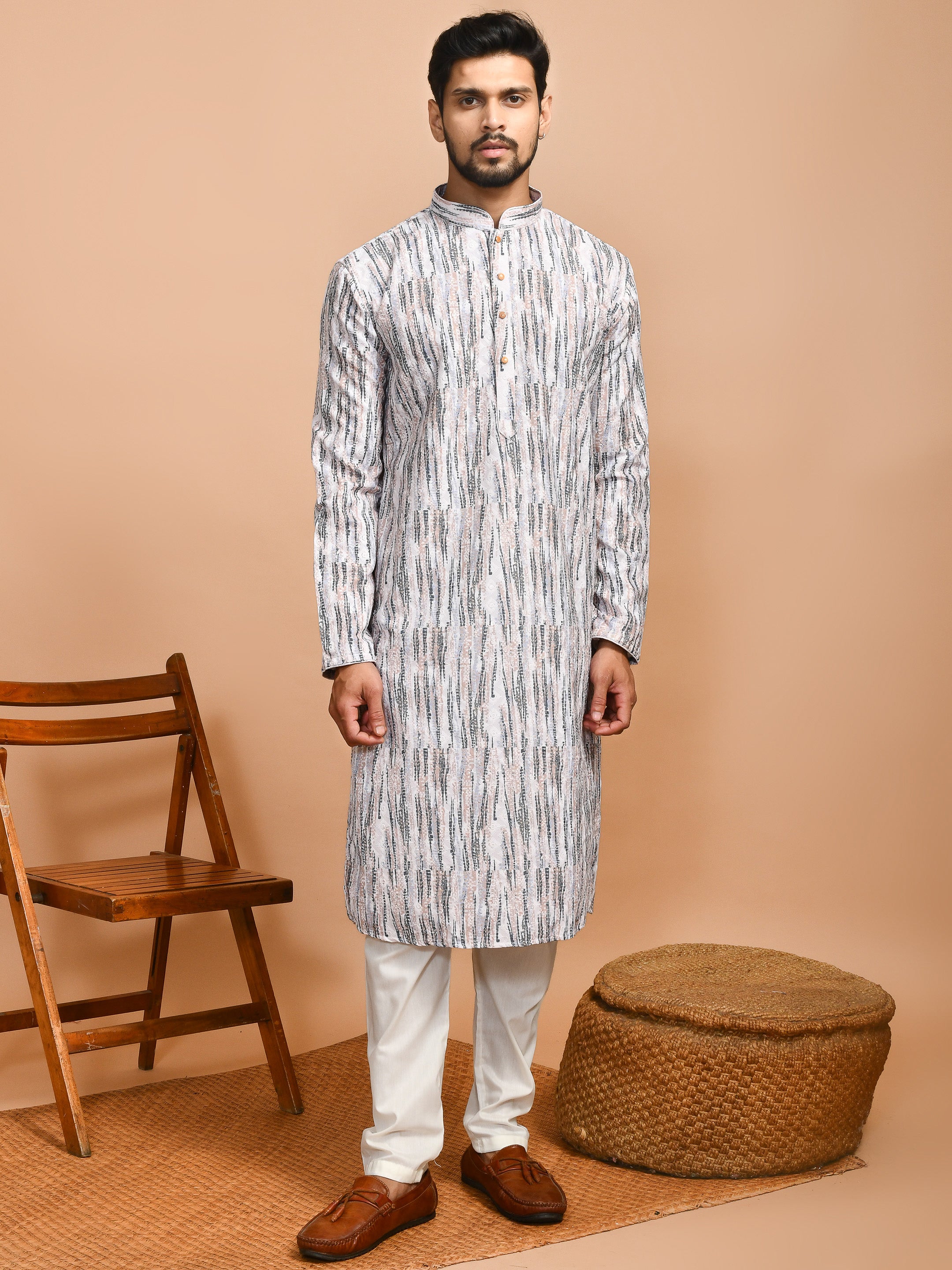 Cream | Traditional Cream Base Multicolor Cotton Men's  | Mandarin Collar Kurta