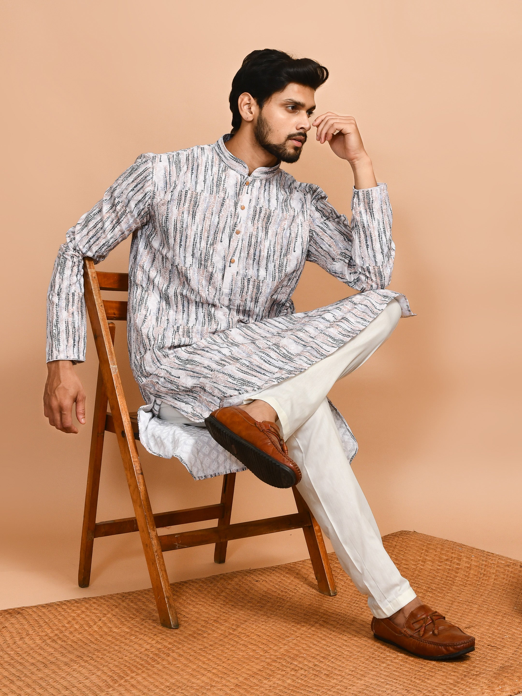 Cream | Traditional Cream Base Multicolor Cotton Men's  | Mandarin Collar Kurta