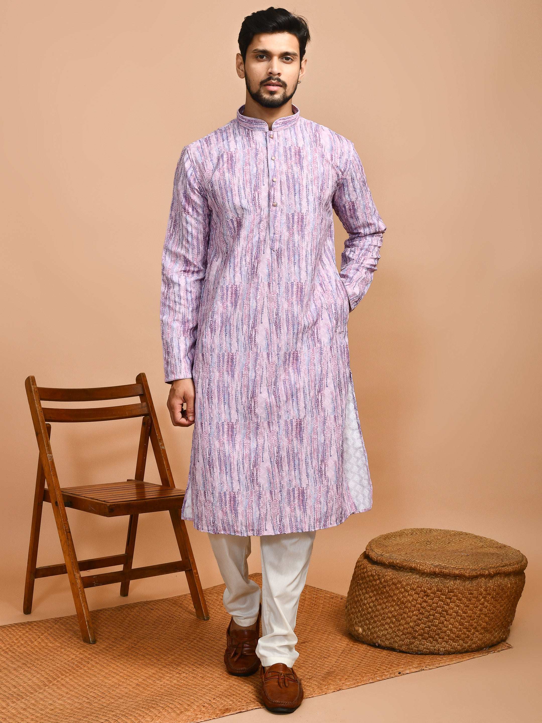 Purple | Traditional Purple Multicolor Cotton Men's  | Mandarin Collar Kurta