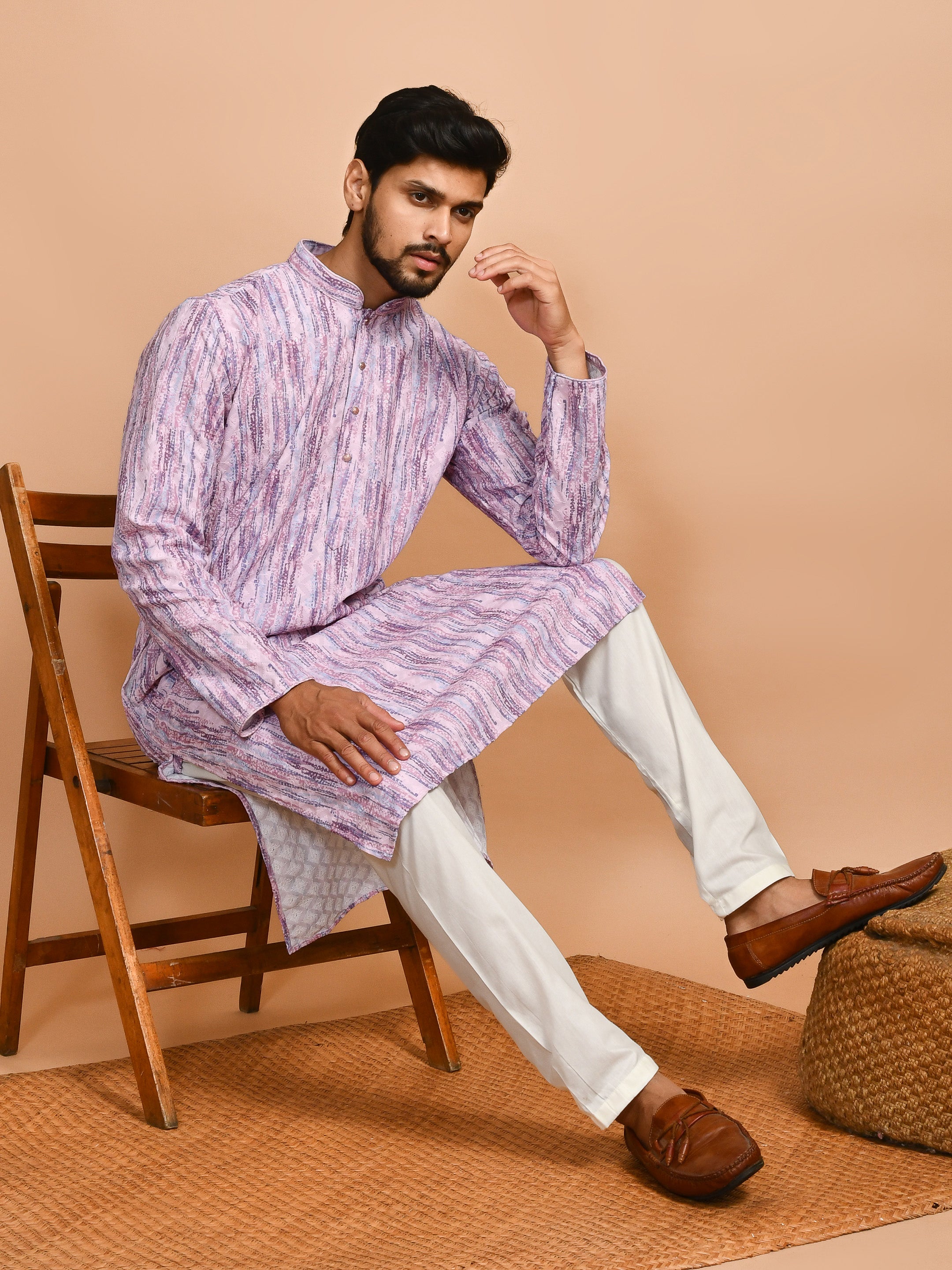 Purple | Traditional Purple Multicolor Cotton Men's  | Mandarin Collar Kurta