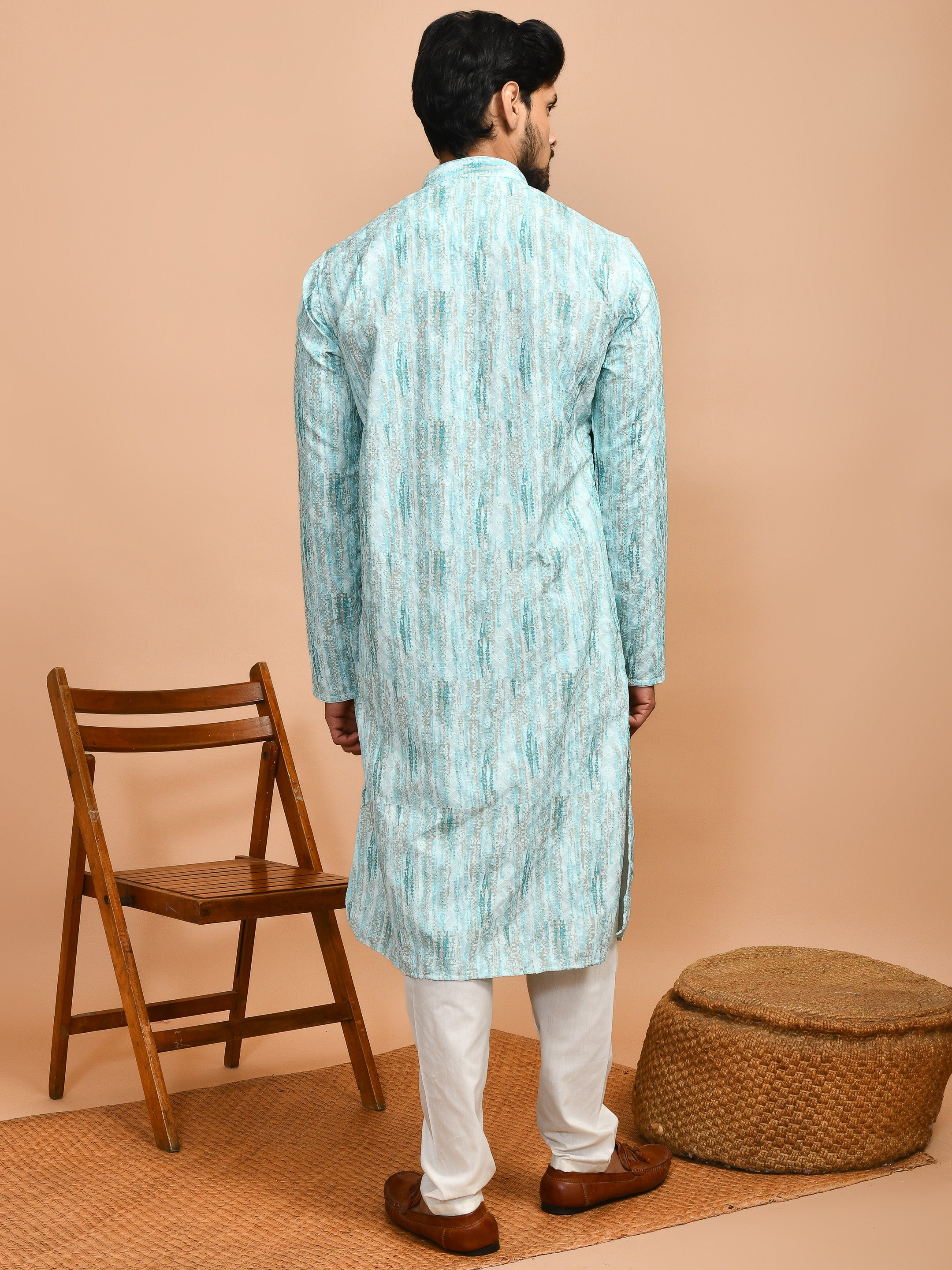 Mint Green | Traditional Mint Green Multicolor Cotton Men's  | Mandarin Collar Kurta