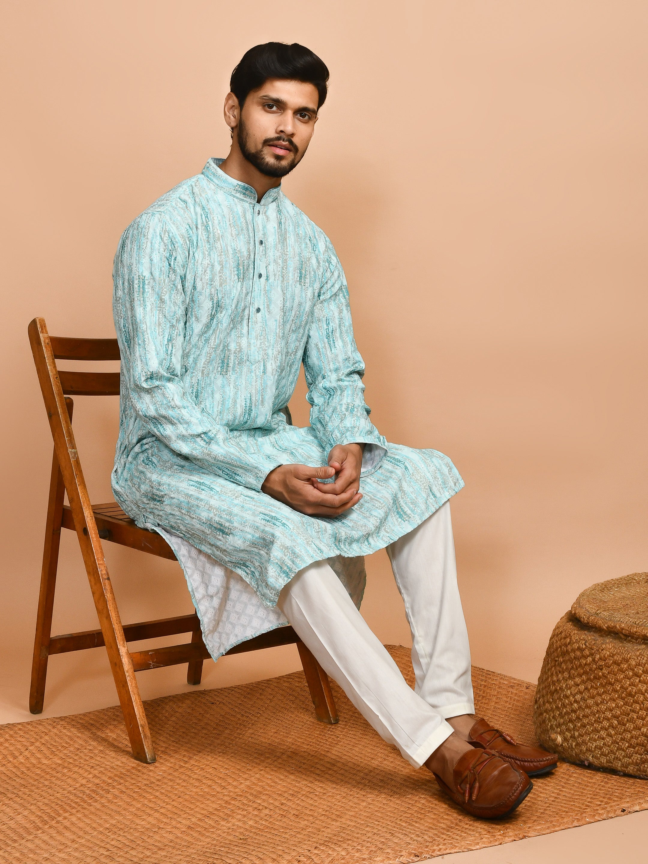 Mint Green | Traditional Mint Green Multicolor Cotton Men's  | Mandarin Collar Kurta