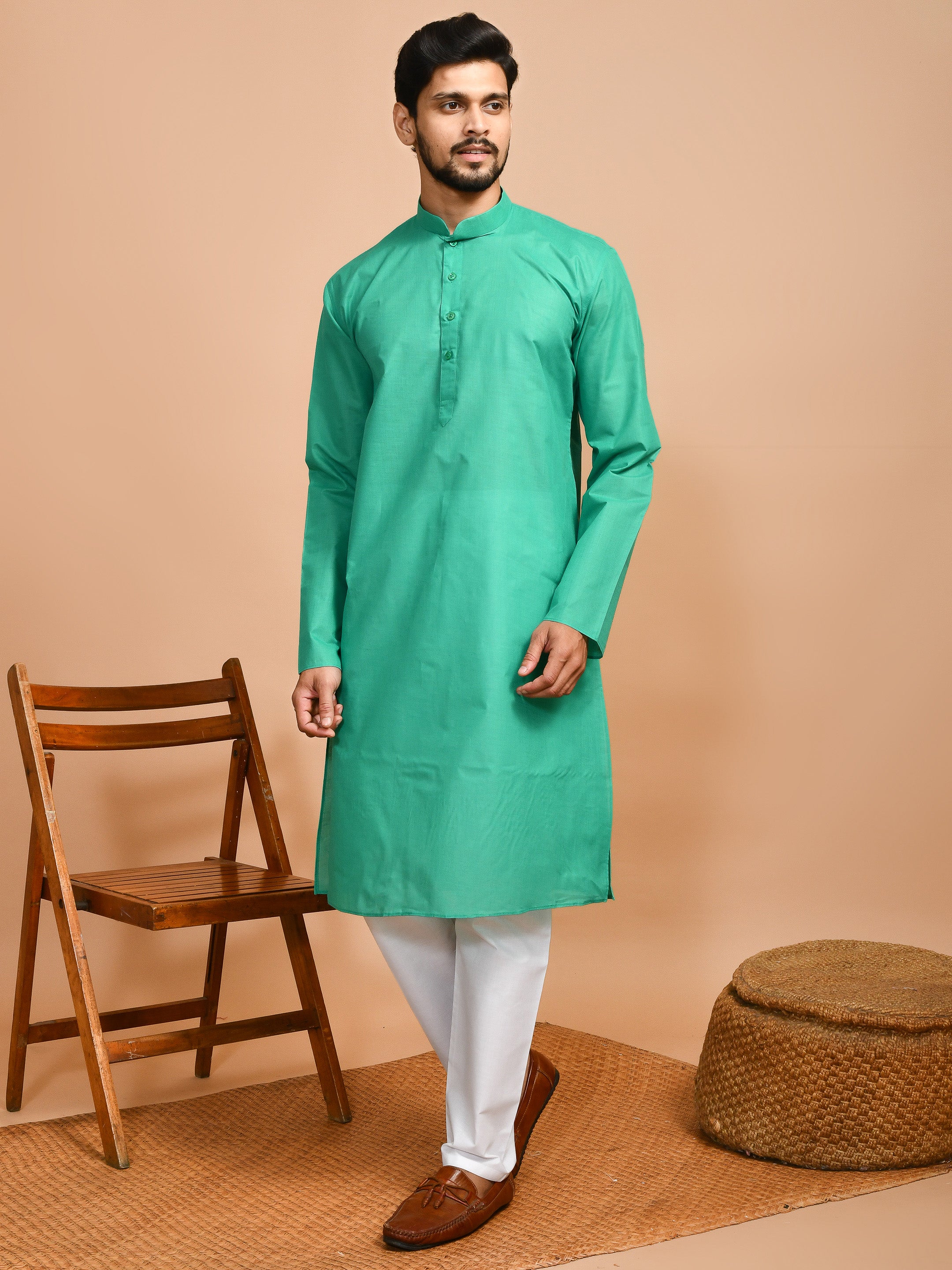 Dark Green | Traditional Cotton Men's  | Mandarin Collar Kurta