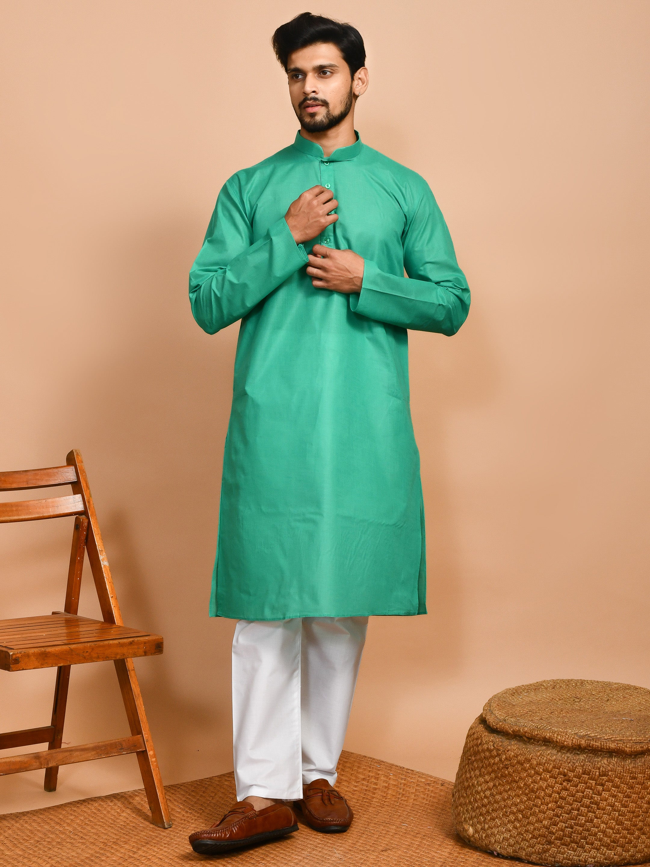 Dark Green | Traditional Cotton Men's  | Mandarin Collar Kurta