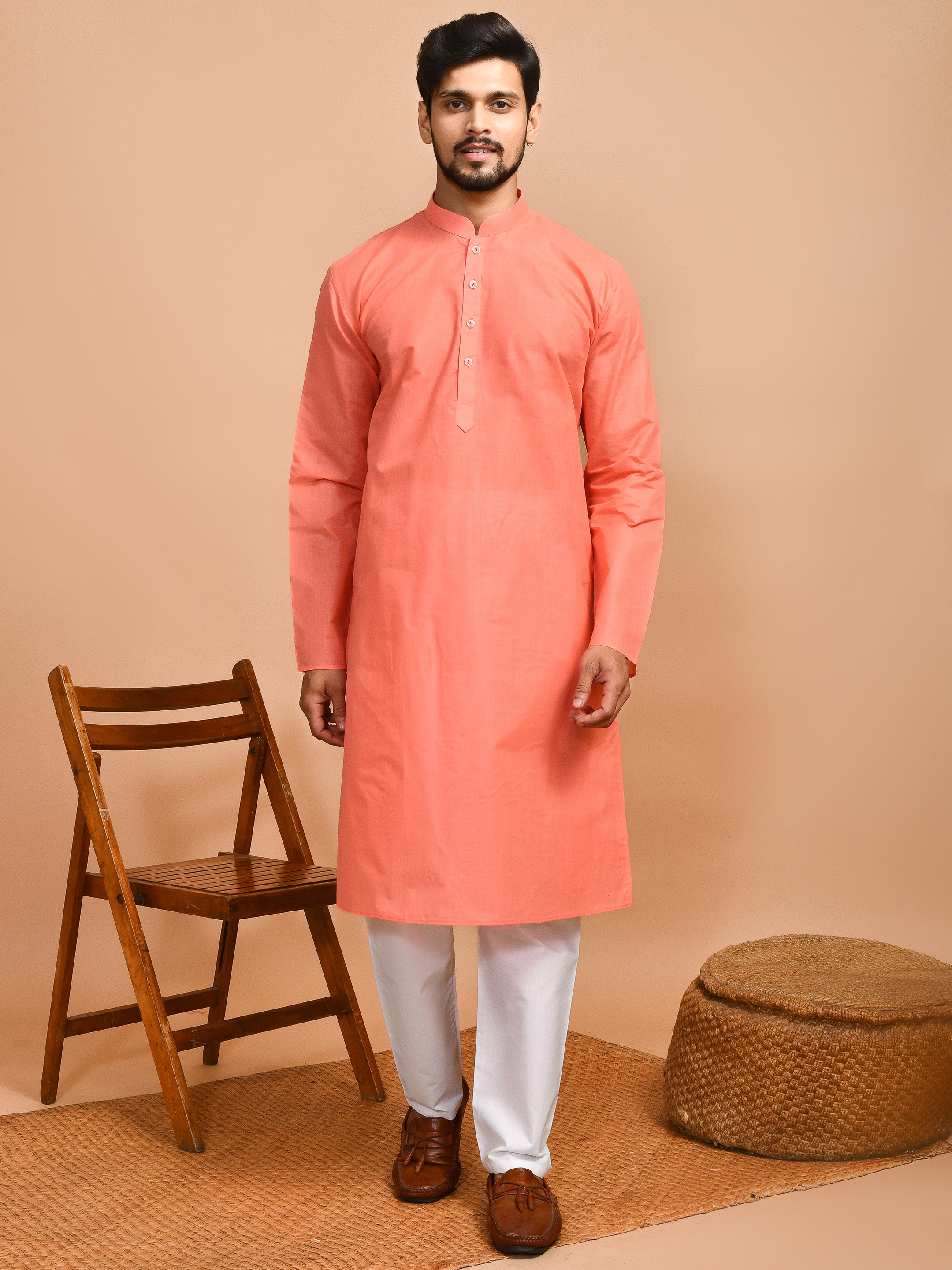 Pink | Traditional Cotton Men's  | Mandarin Collar Kurta