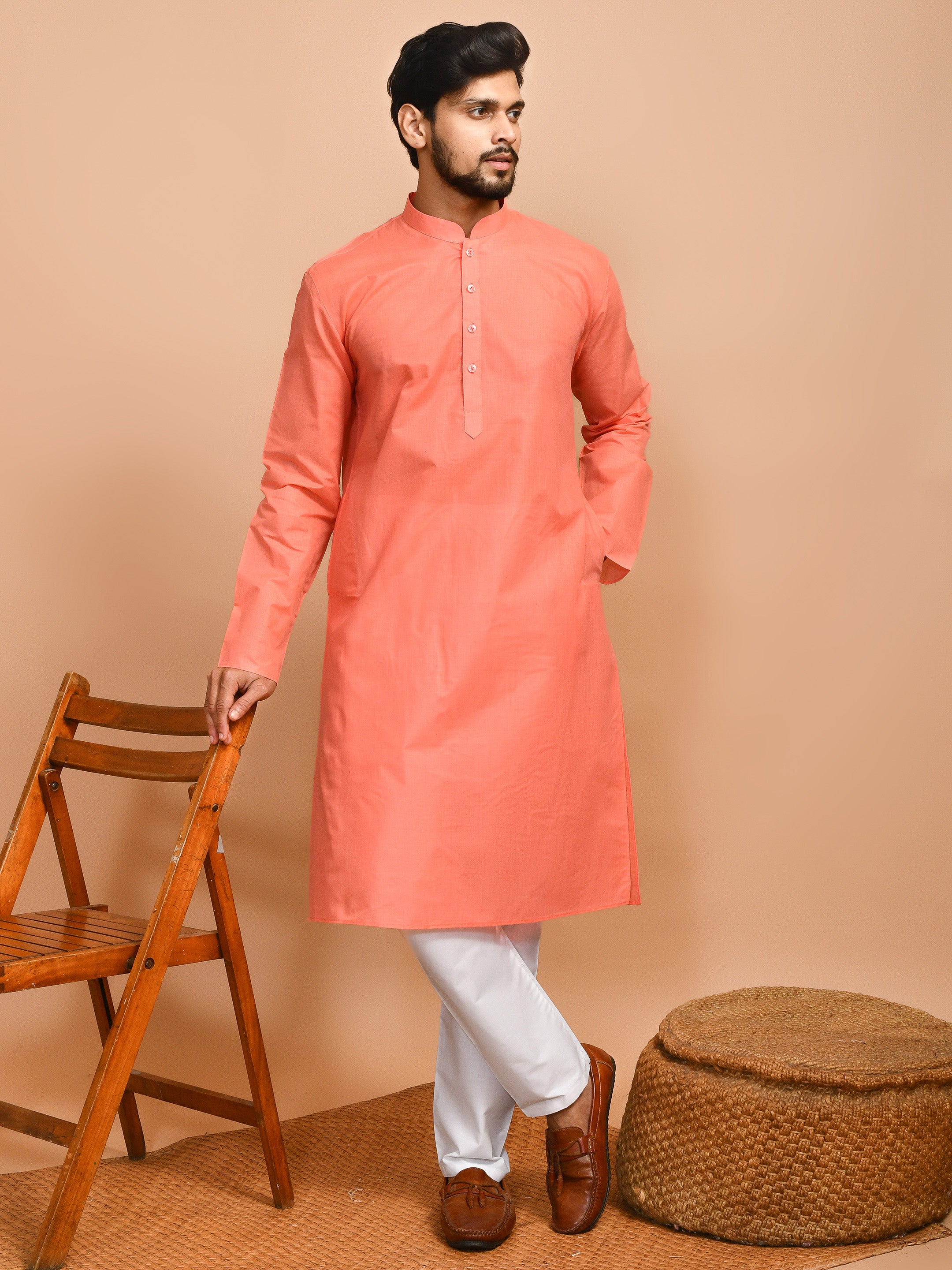 Pink | Traditional Cotton Men's  | Mandarin Collar Kurta