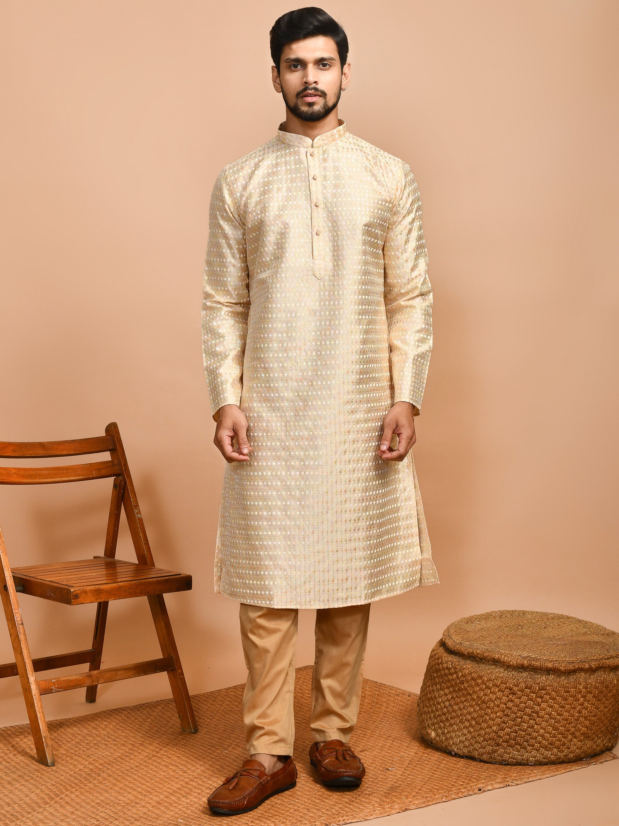 Peach  | Peach Color Cotton | Elegance Men's Chikankari | Mandarin Collar Kurta