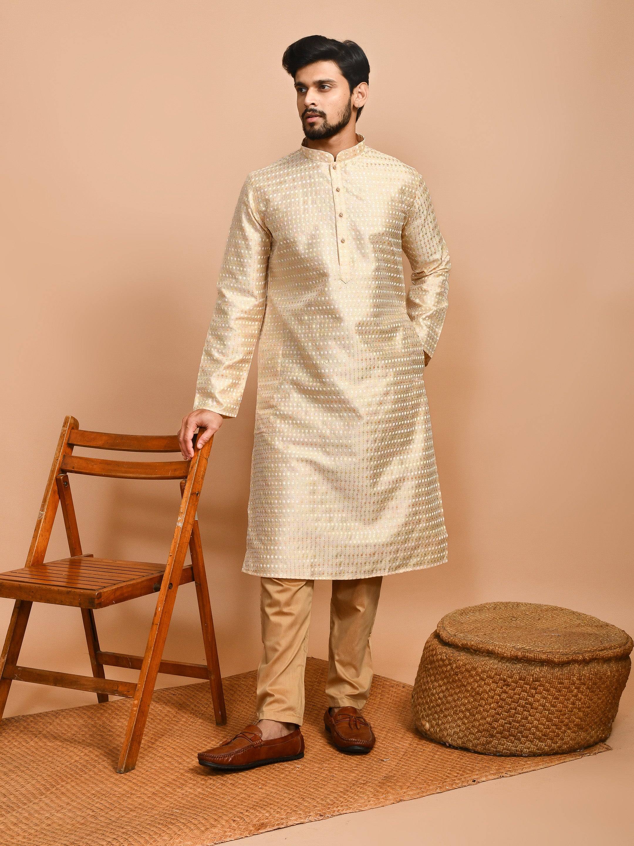 Peach  | Peach Color Cotton | Elegance Men's Chikankari | Mandarin Collar Kurta