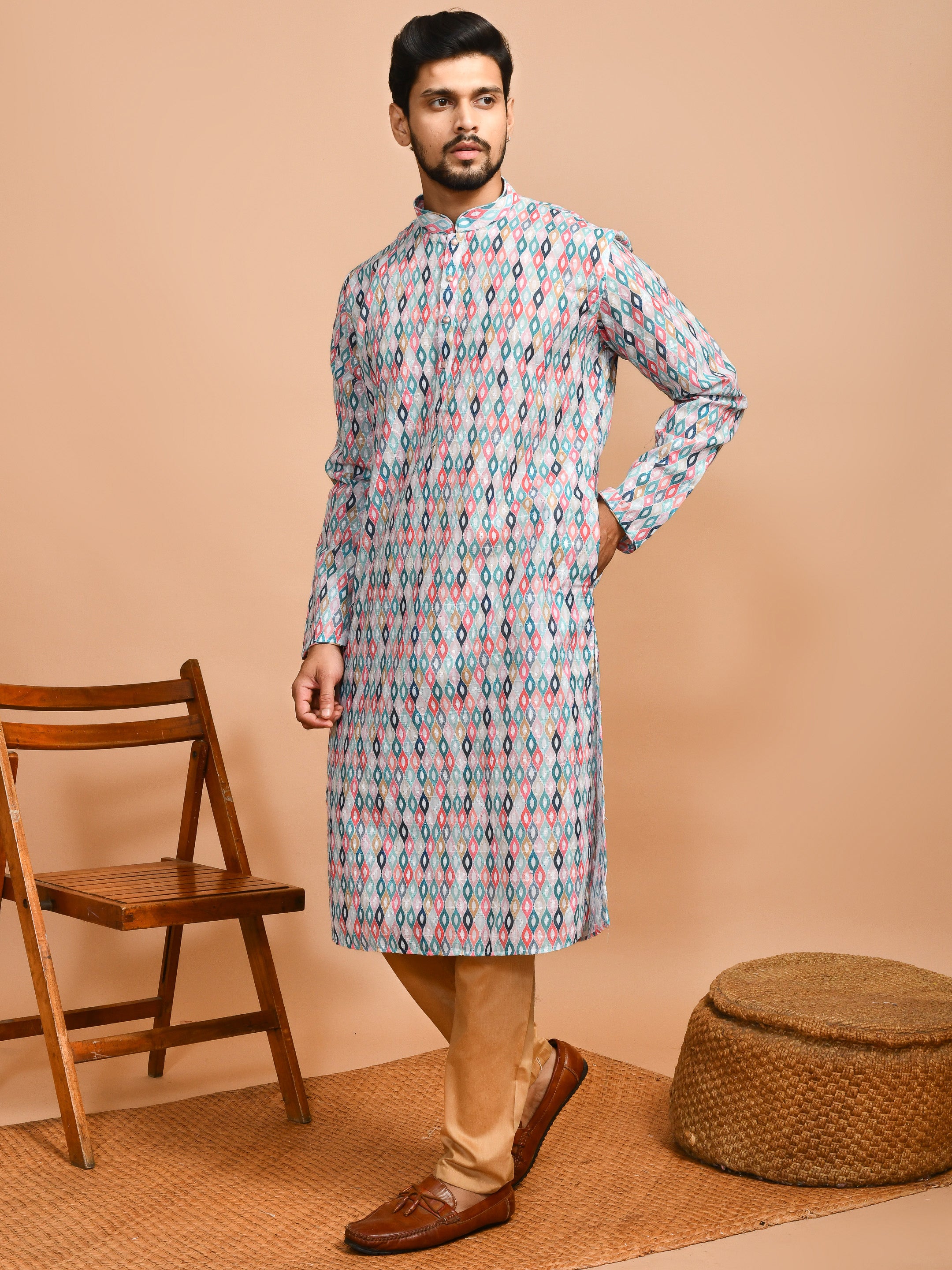 Multicolor | Traditional Cotton Men's  | Mandarin Collar Kurta