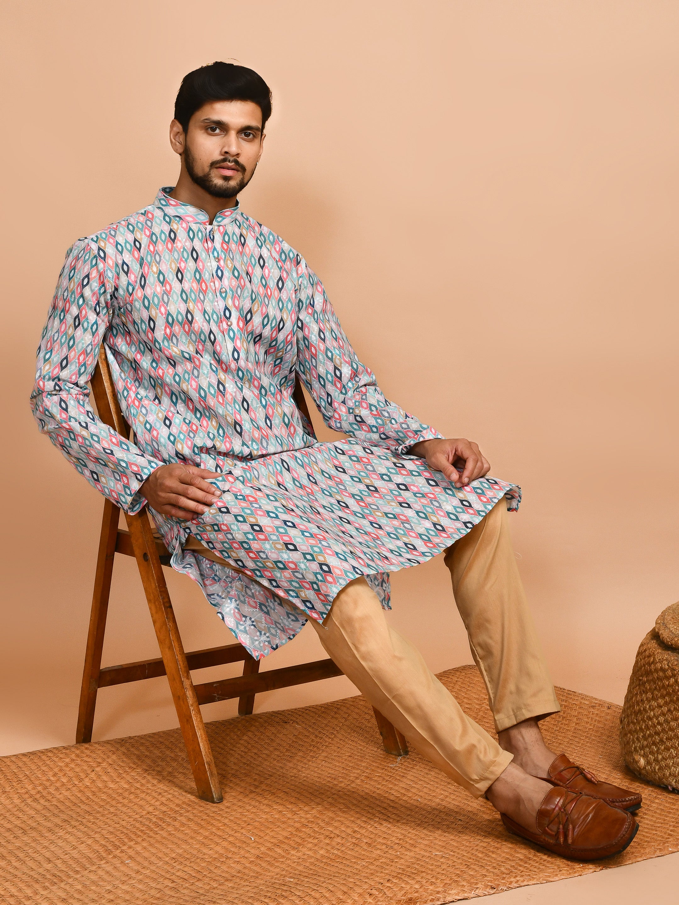 Multicolor | Traditional Cotton Men's  | Mandarin Collar Kurta