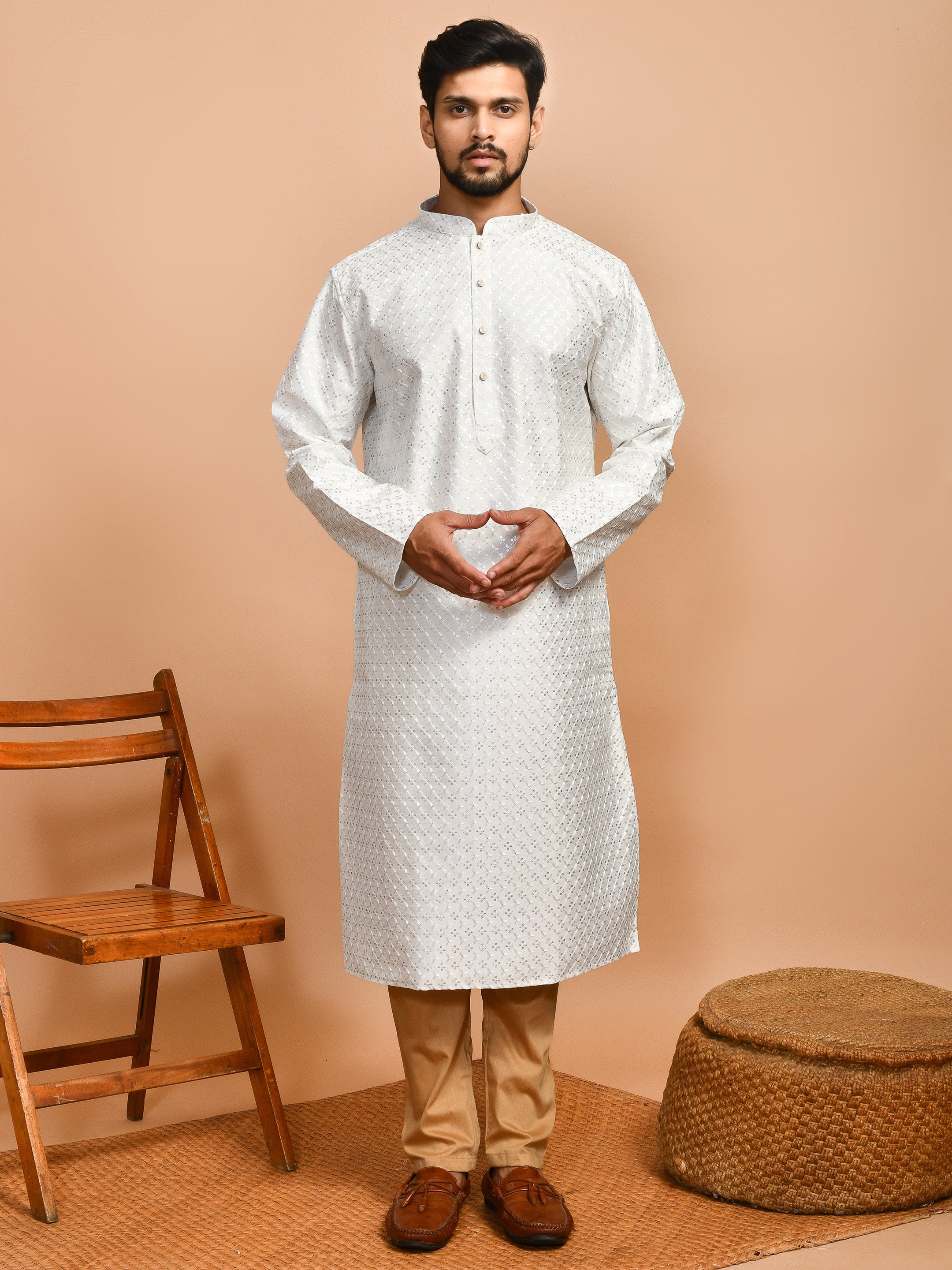 White Amethyst  | White Color Cotton | Elegance Men's Chikankari | Mandarin Collar Kurta