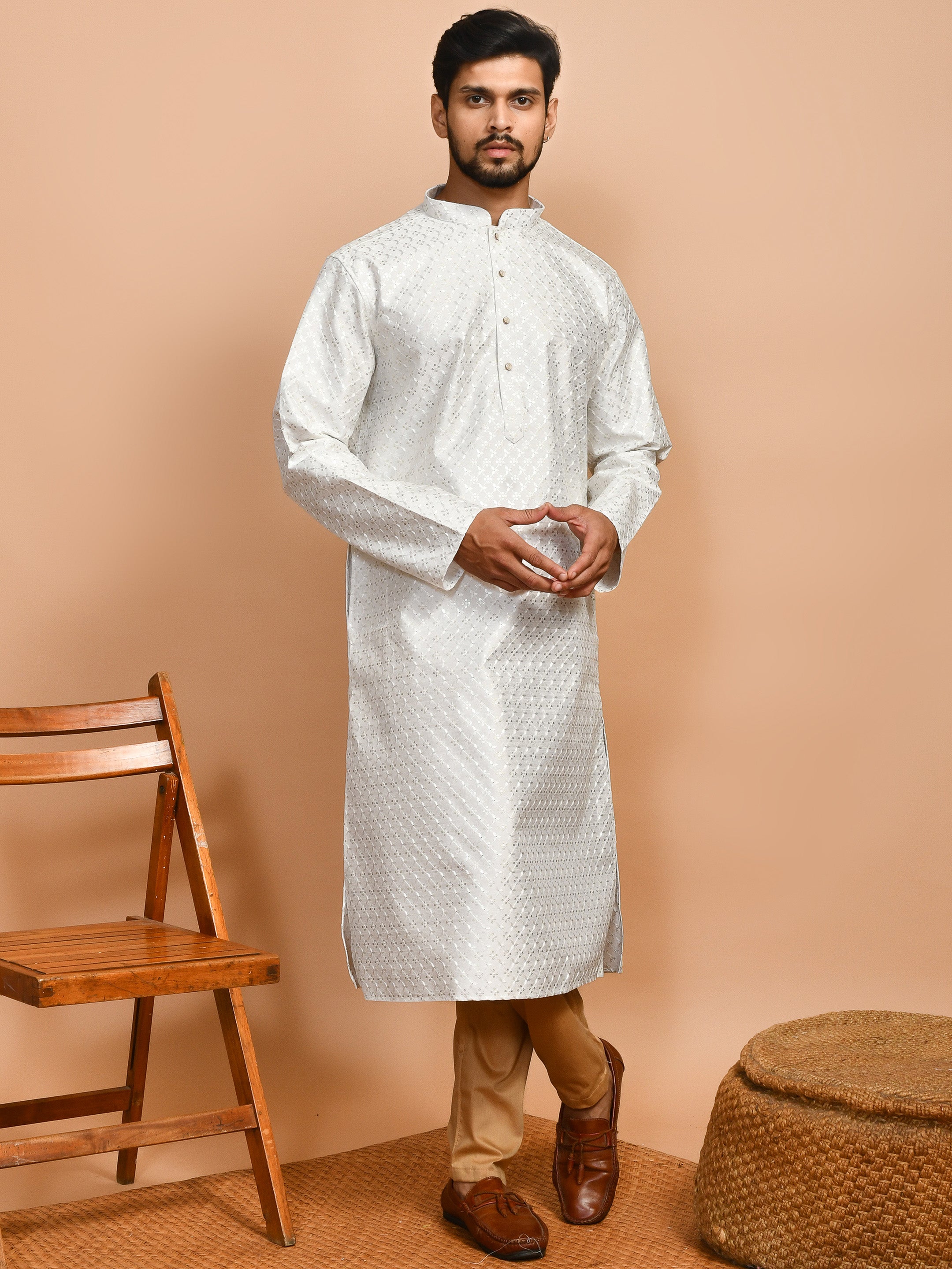 White Amethyst  | White Color Cotton | Elegance Men's Chikankari | Mandarin Collar Kurta