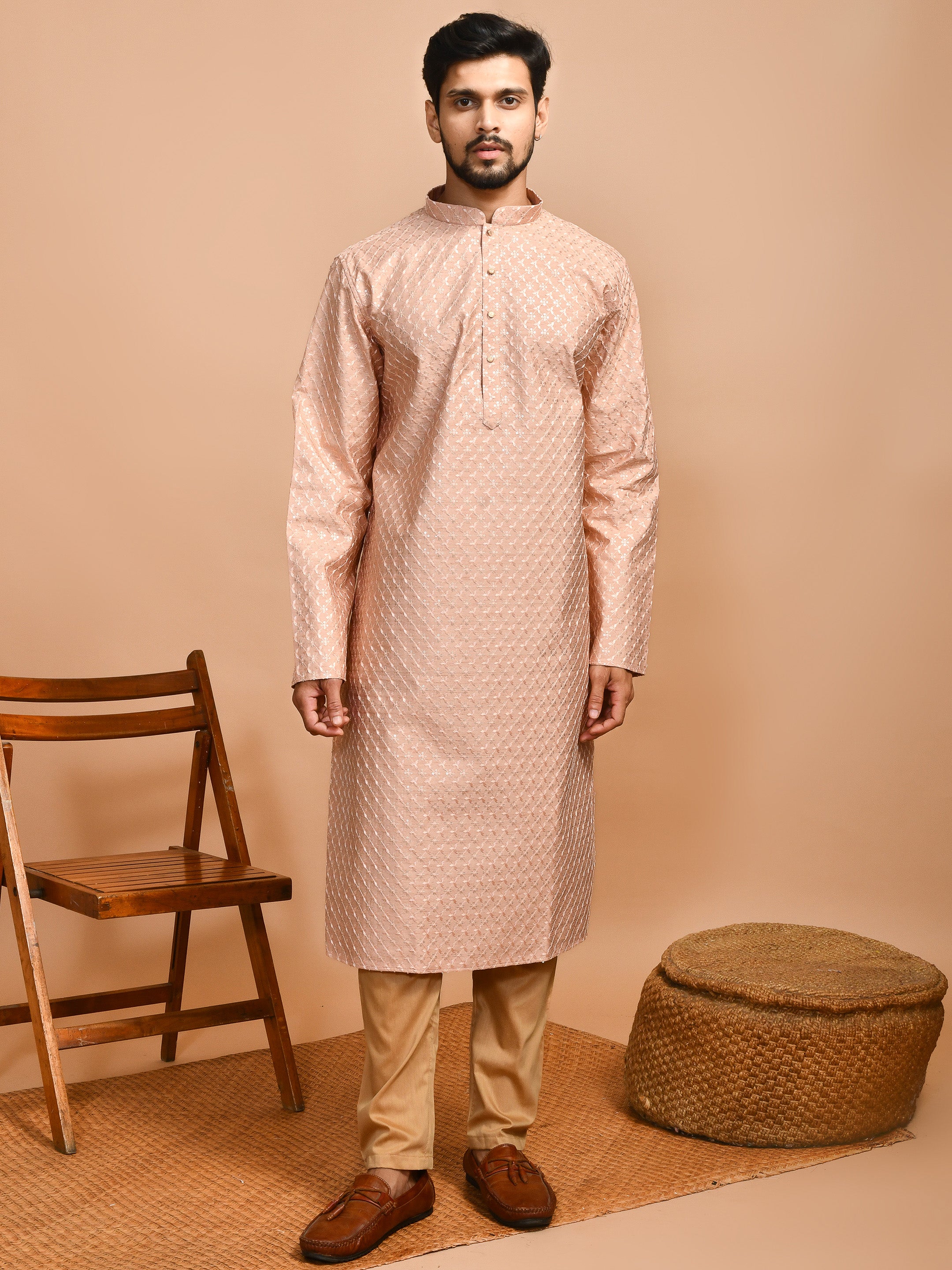 Peach Lovestory  | Peach Color Cotton | Elegance Men's Chikankari | Mandarin Collar Kurta