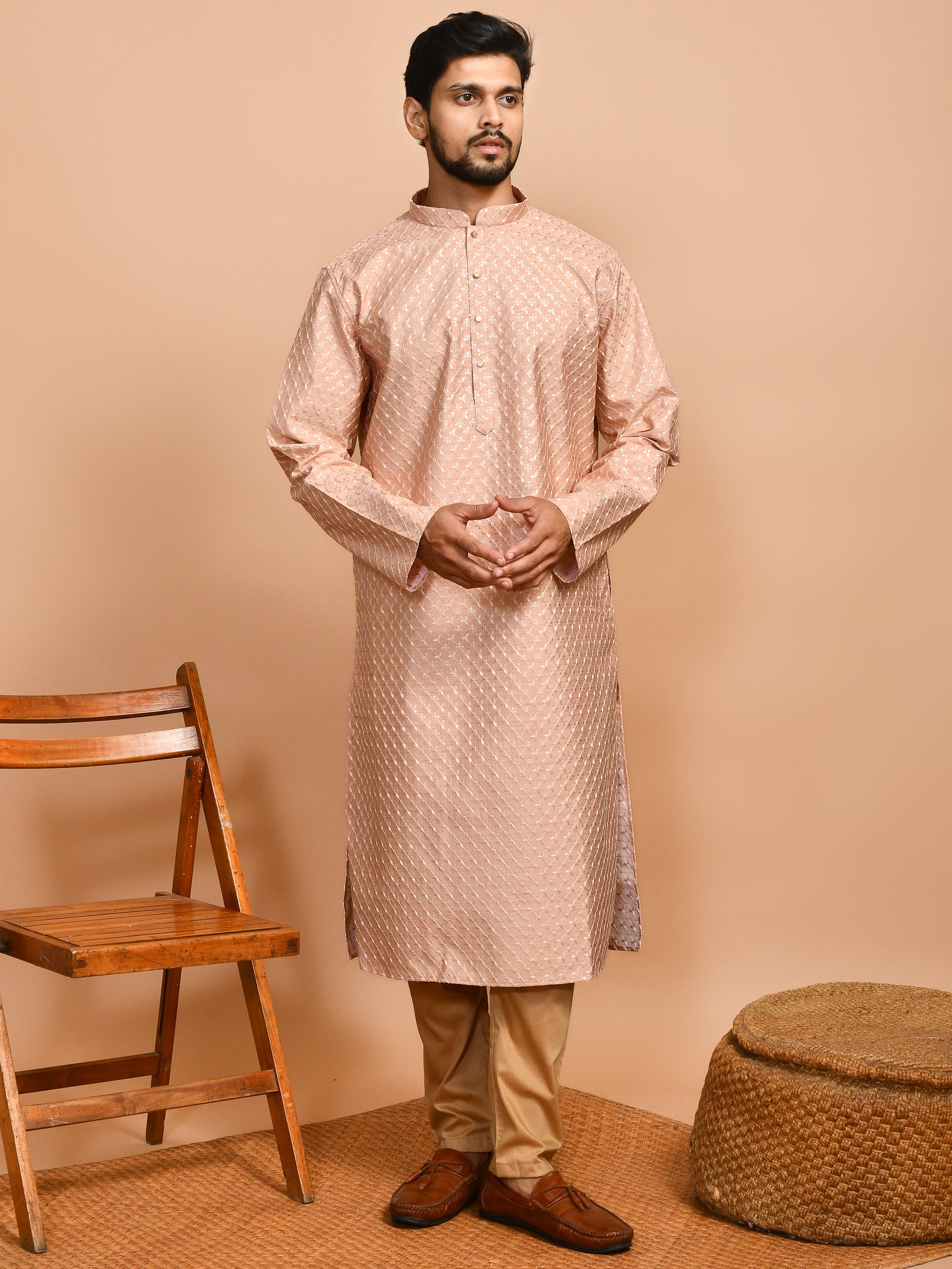 Peach Lovestory  | Peach Color Cotton | Elegance Men's Chikankari | Mandarin Collar Kurta