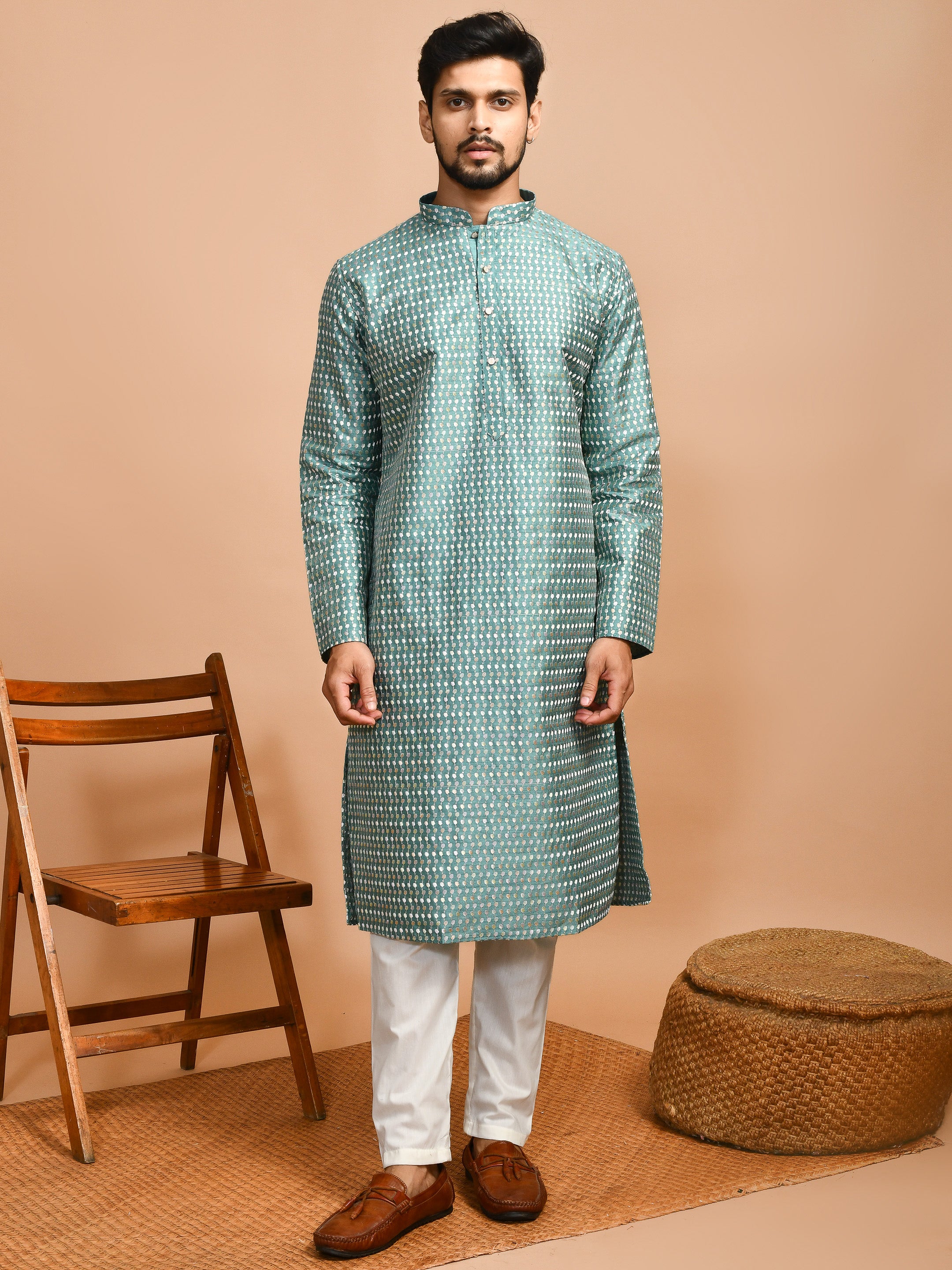 Green Coral | Sea Green Cotton | Elegance Men's Chikankari | Mandarin Collar Kurta