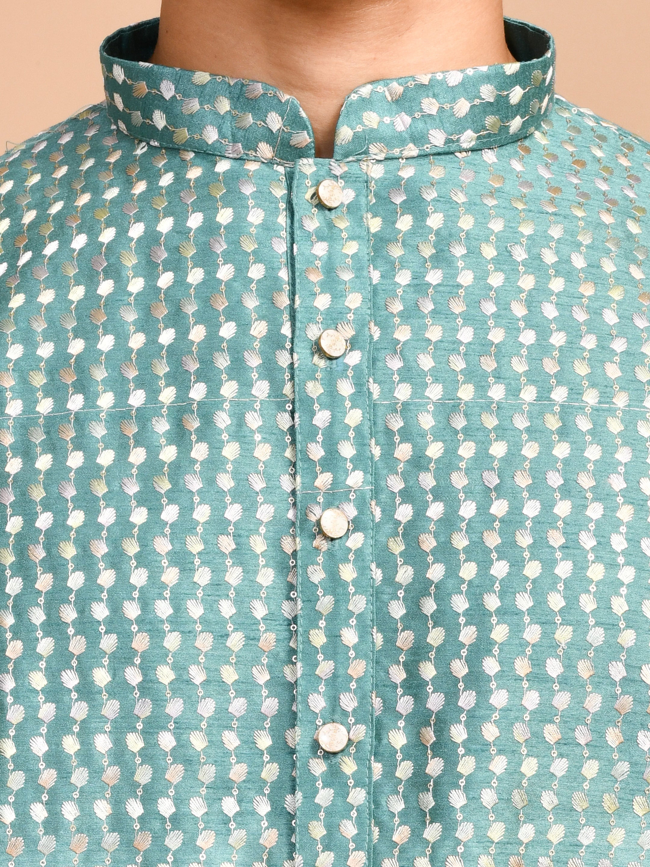 Green Coral | Sea Green Cotton | Elegance Men's Chikankari | Mandarin Collar Kurta