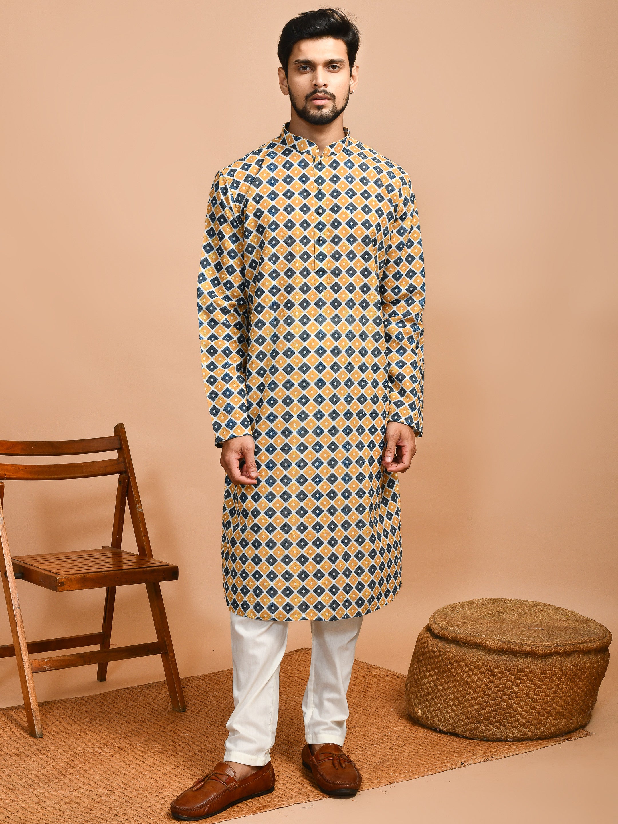 Yellow | Traditional Yellow Multicolor Cotton Men's  | Mandarin Collar Kurta