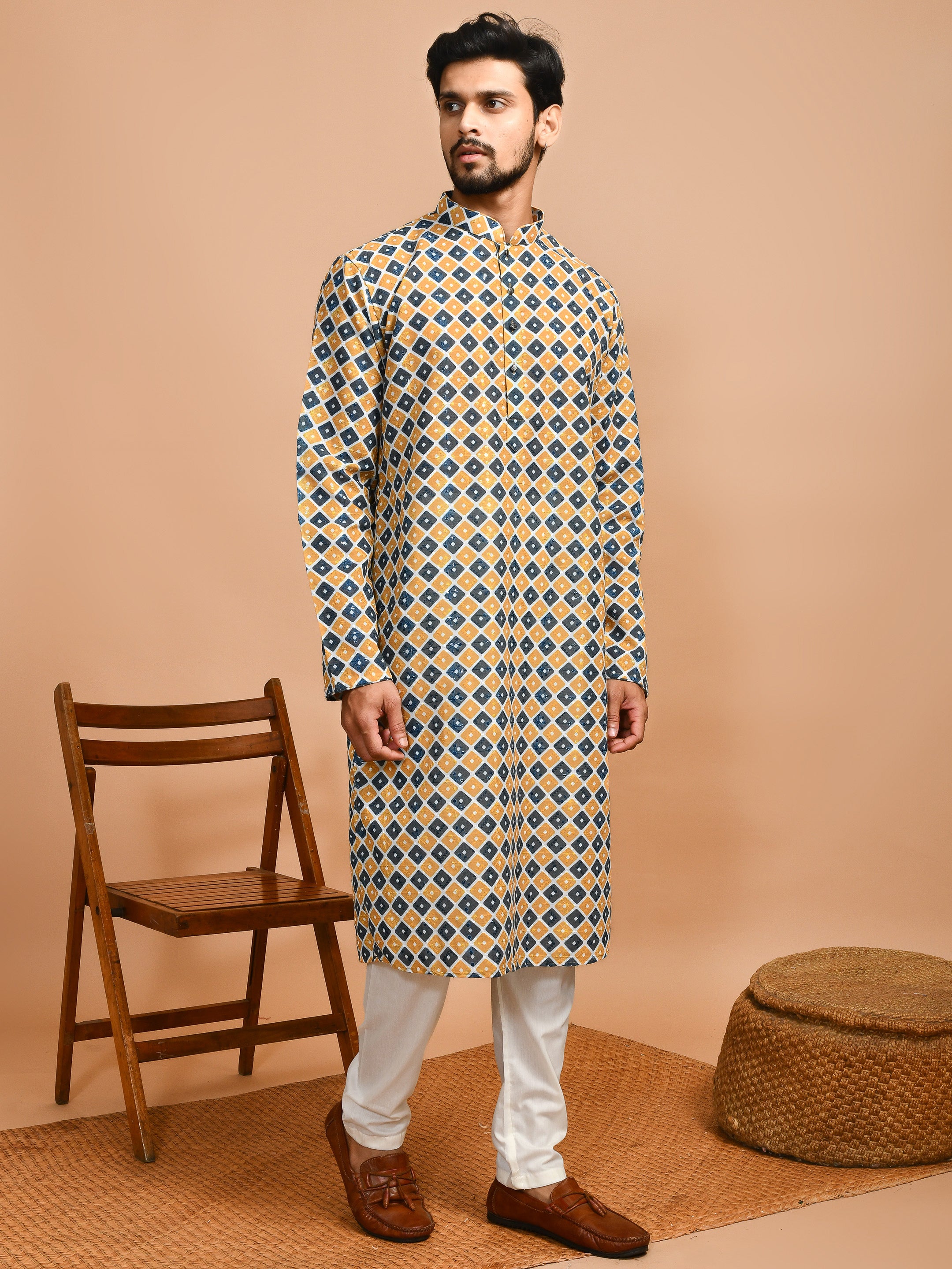 Yellow | Traditional Yellow Multicolor Cotton Men's  | Mandarin Collar Kurta