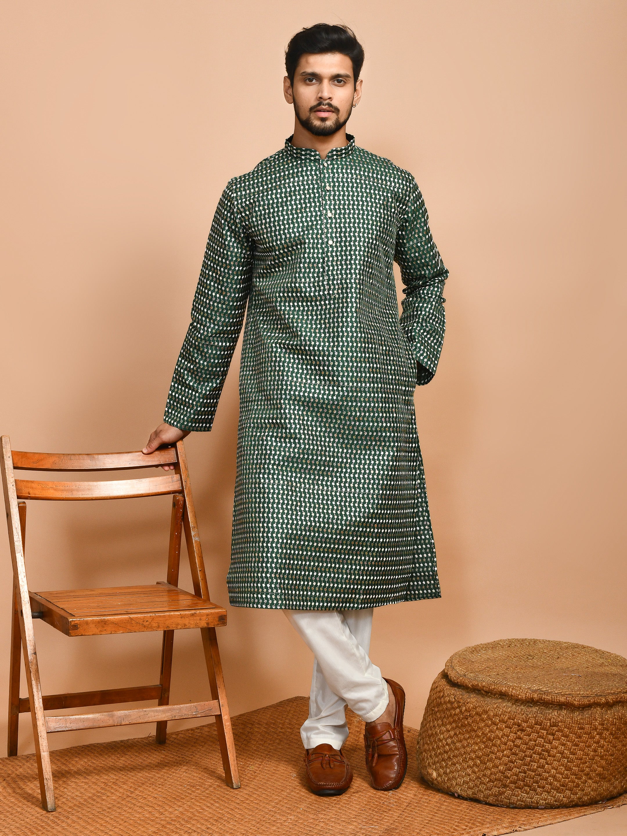 Earth  | Bottle Green Cotton | Elegance Men's Chikankari | Mandarin Collar Kurta