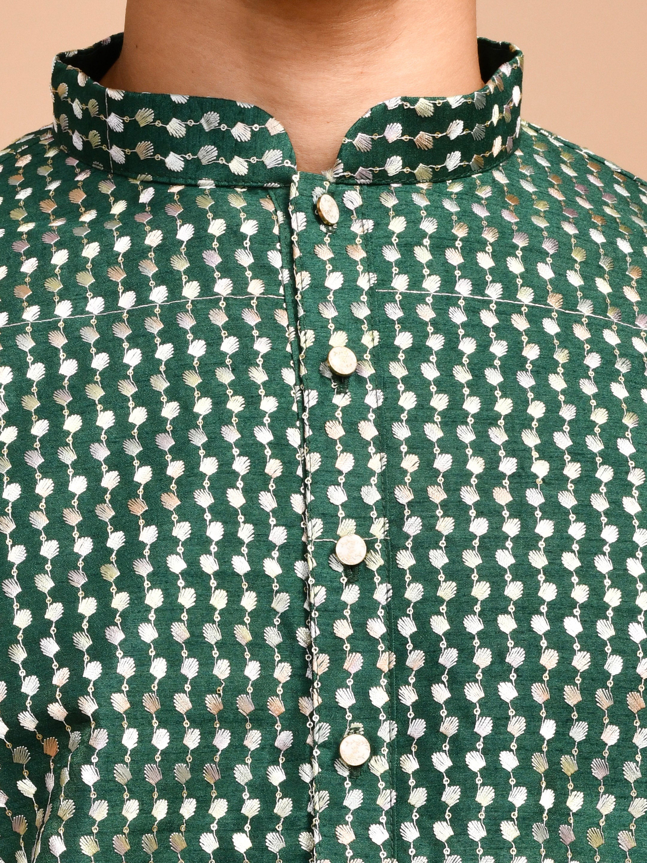 Earth  | Bottle Green Cotton | Elegance Men's Chikankari | Mandarin Collar Kurta