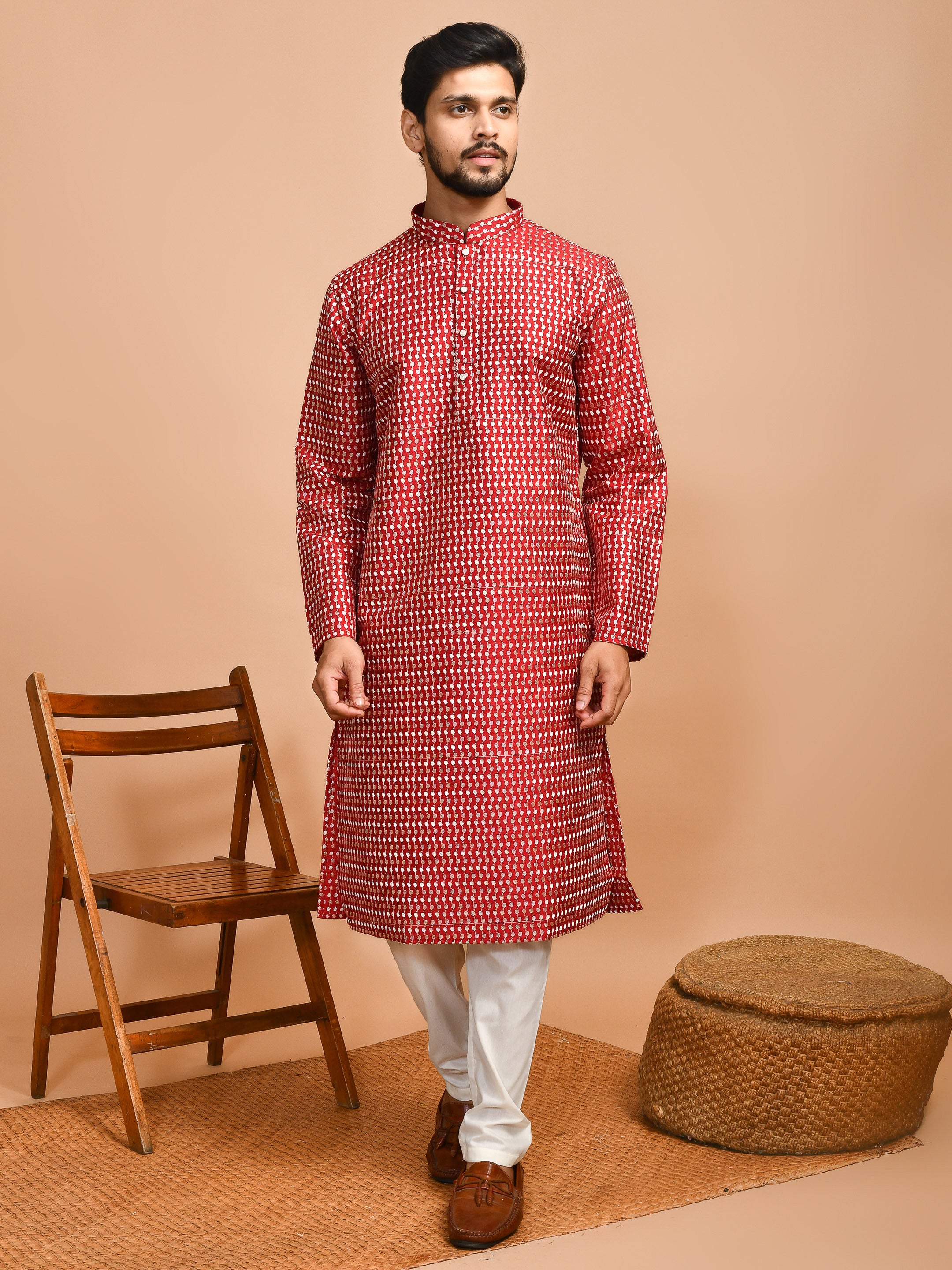 Maroon Love  | Maroon Cotton | Elegance Men's Chikankari | Mandarin Collar Kurta